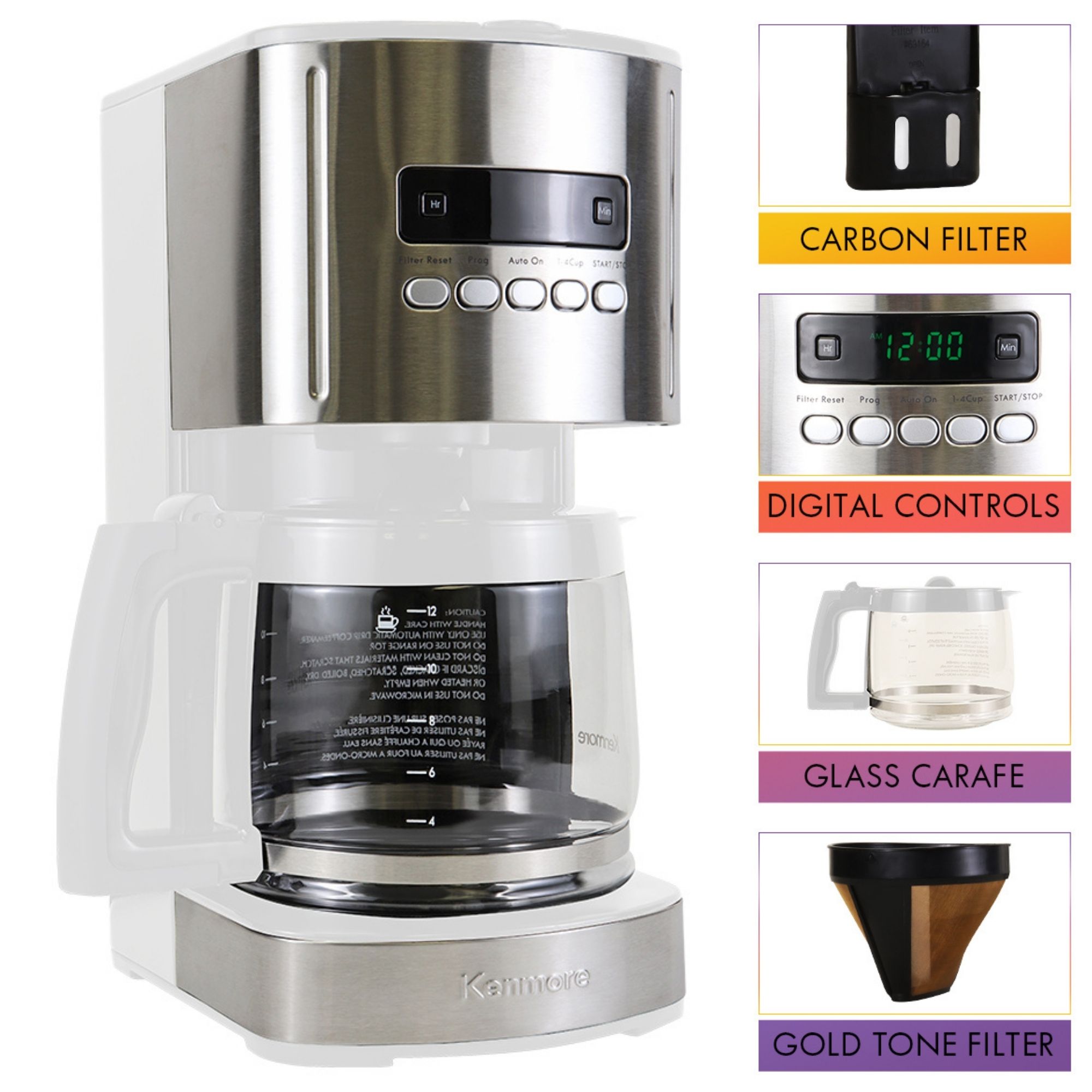 Cafetera automática programable de goteo residencial de 12 tazas con apagado automático (acero inoxidable y blanco) KKCM12W