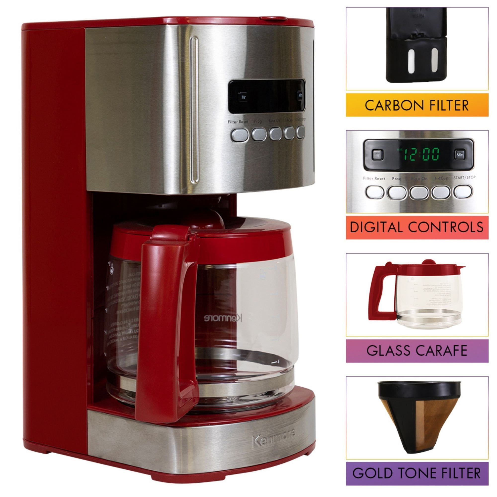 Cafetera de goteo residencial programable de 12 tazas con apagado automático (acero inoxidable y rojo) KKCM12R