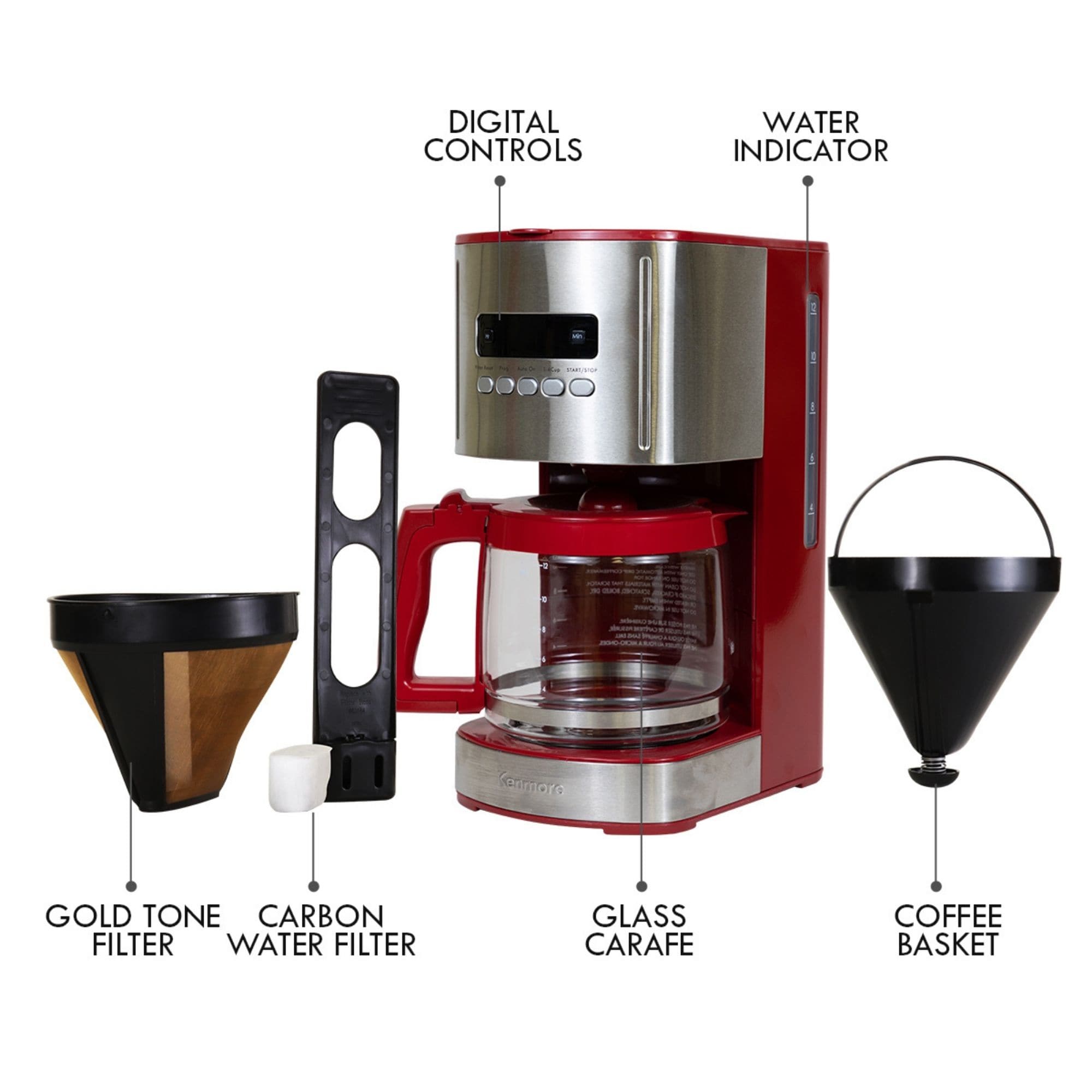 Cafetera de goteo residencial programable de 12 tazas con apagado automático (acero inoxidable y rojo) KKCM12R