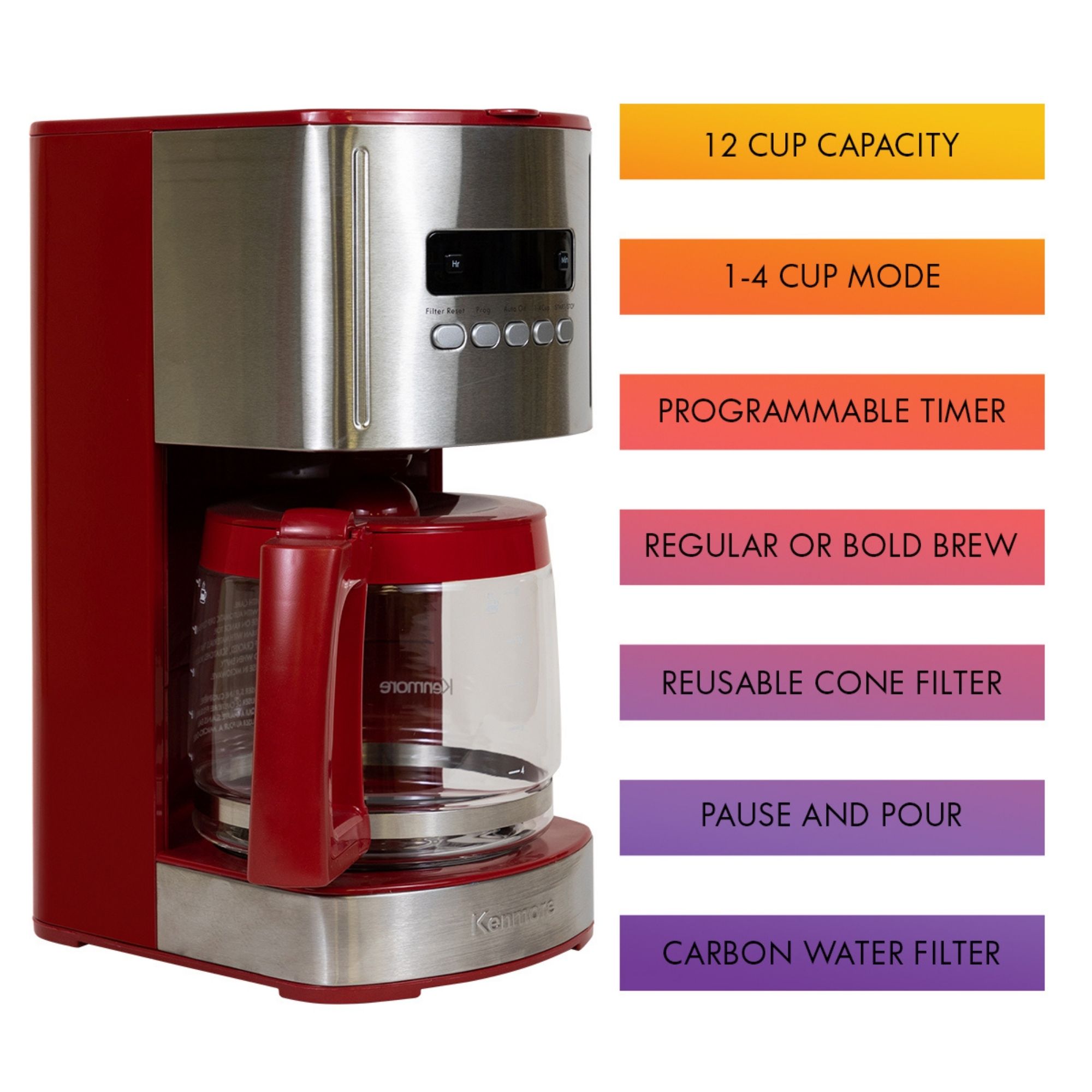 Cafetera de goteo residencial programable de 12 tazas con apagado automático (acero inoxidable y rojo) KKCM12R