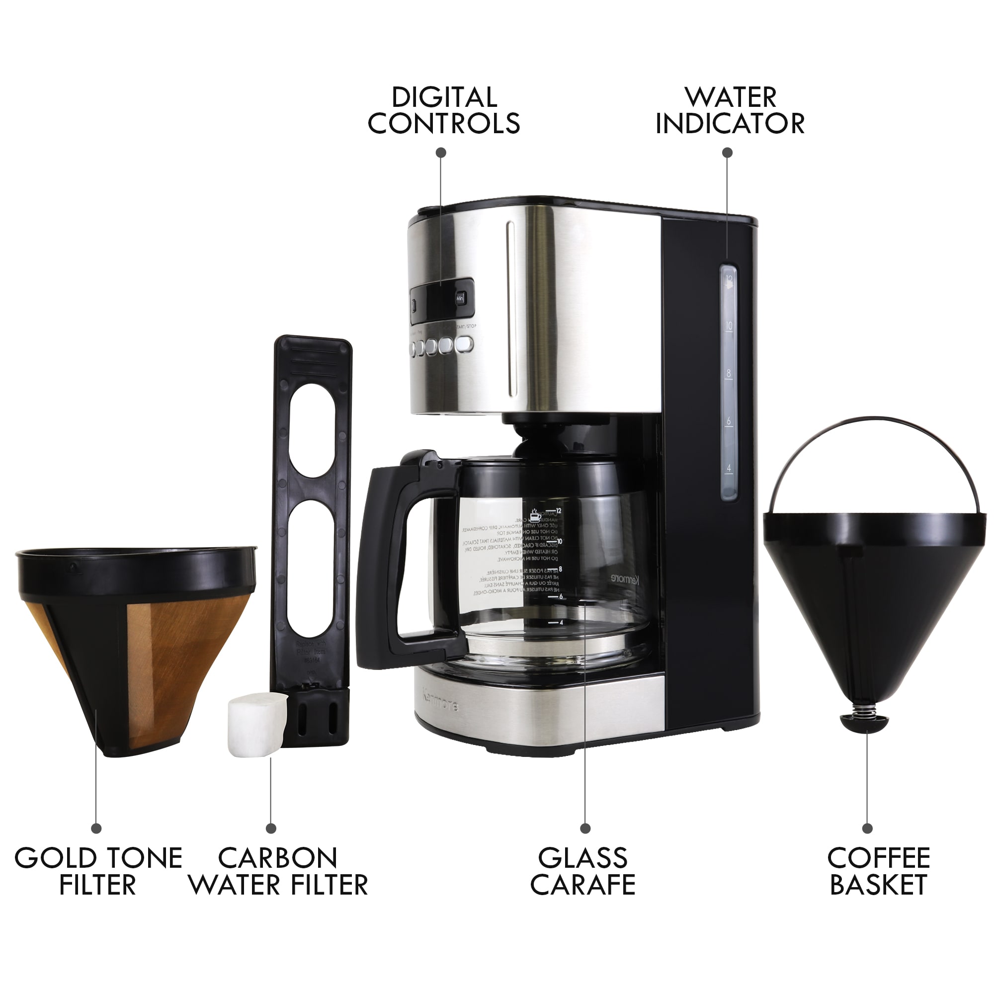 Cafetera eléctrica residencial programable de goteo de 12 tazas con apagado automático (acero inoxidable y negro) KKCM12B