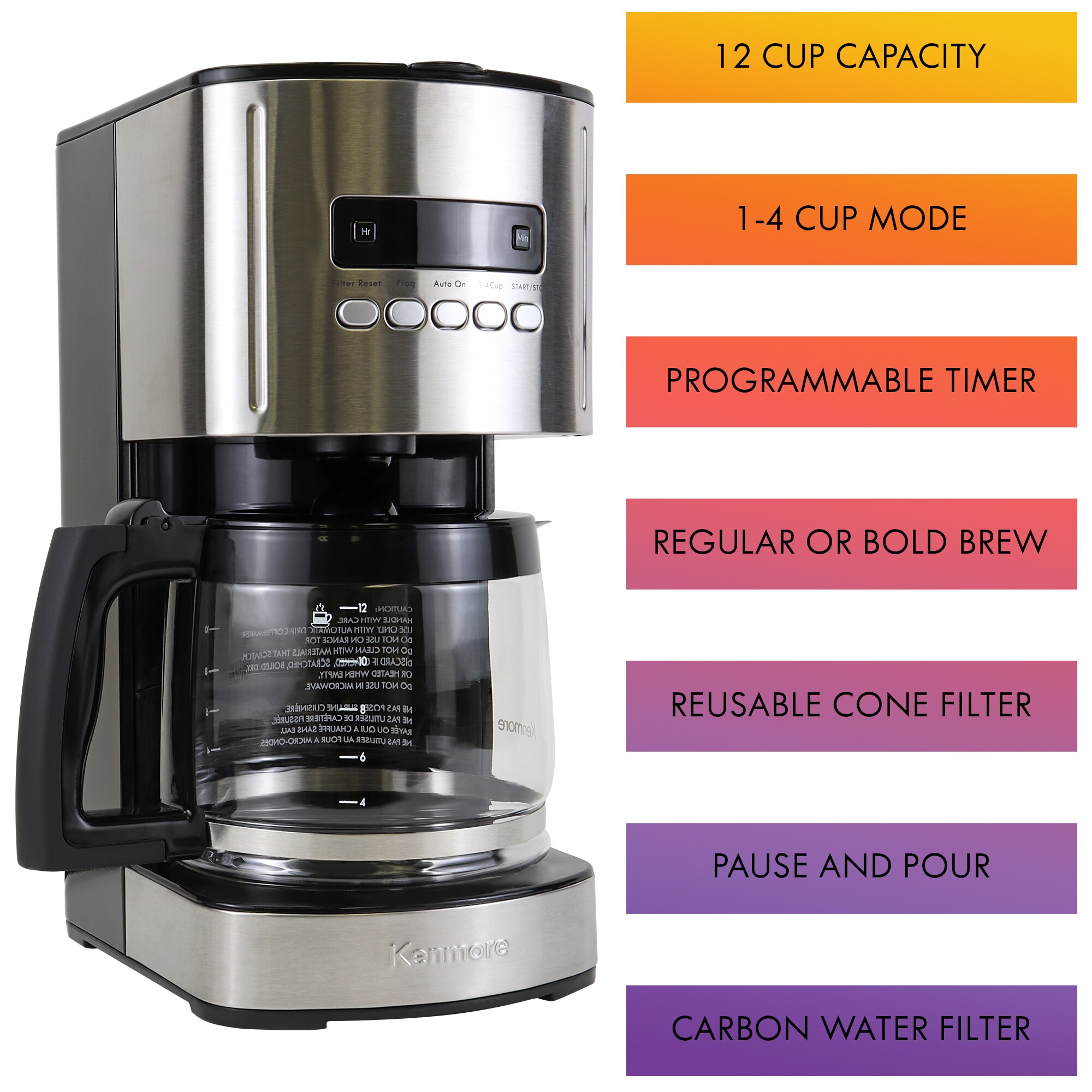 Cafetera eléctrica residencial programable de goteo de 12 tazas con apagado automático (acero inoxidable y negro) KKCM12B