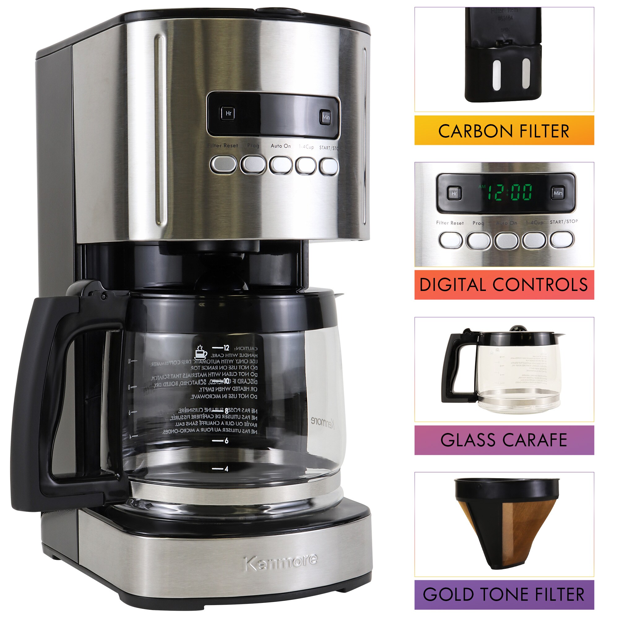 Cafetera eléctrica residencial programable de goteo de 12 tazas con apagado automático (acero inoxidable y negro) KKCM12B