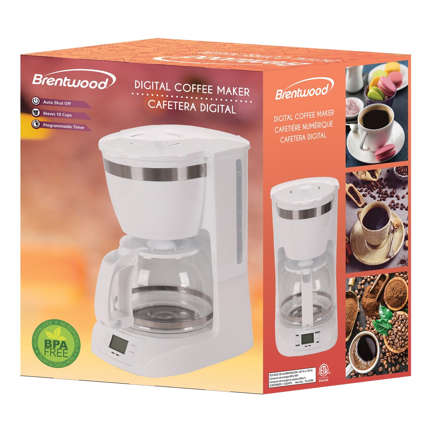 Cafetera eléctrica programable de goteo para el hogar de 10 tazas con apagado automático (Blanca) TS-219W