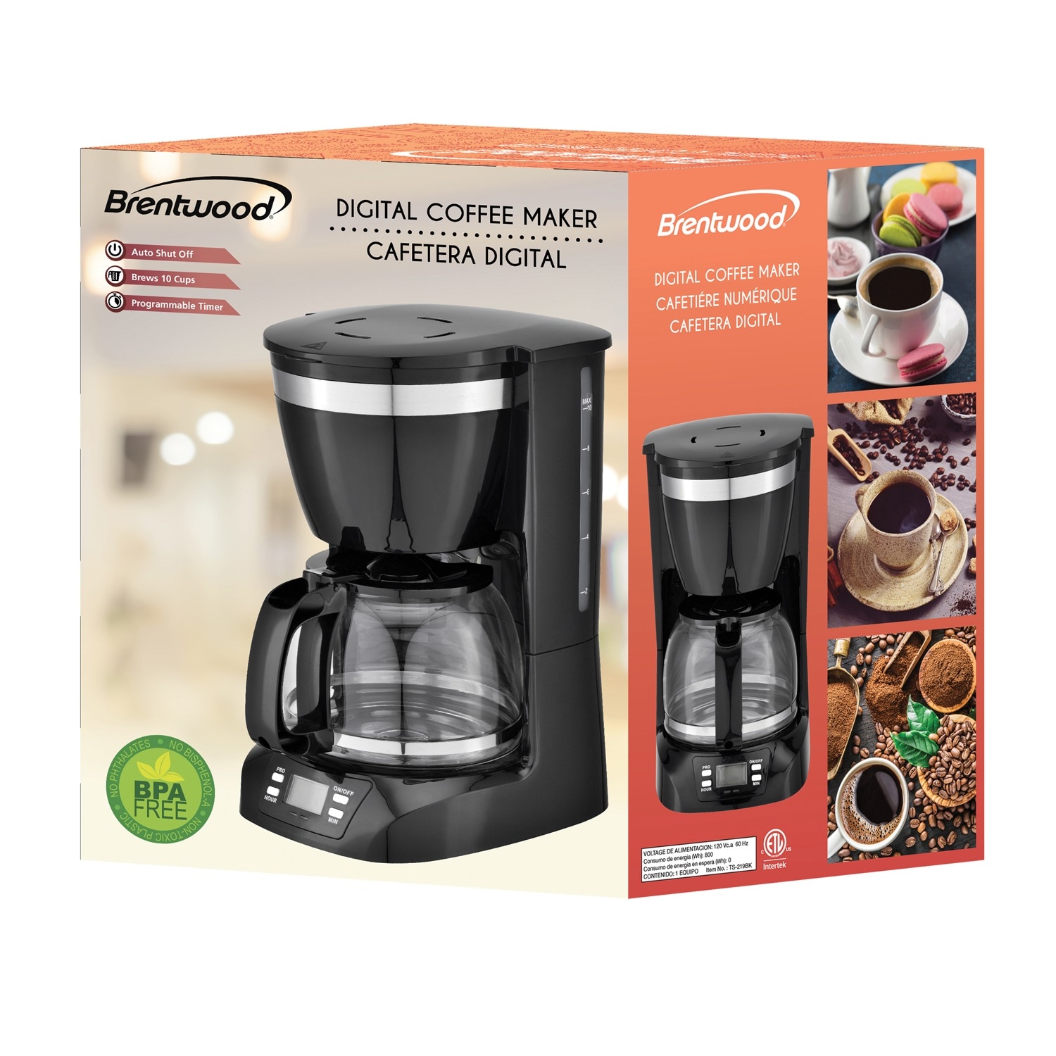 Cafetera de goteo programable para uso residencial de 10 tazas con apagado automático (Negra) TS-219BK de Brentwood Appliances