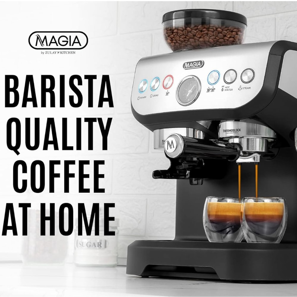 Máquina de Espresso de Acero Inoxidable con Bandeja Recogedora de Zulay Kitchen (Negro/Plata)