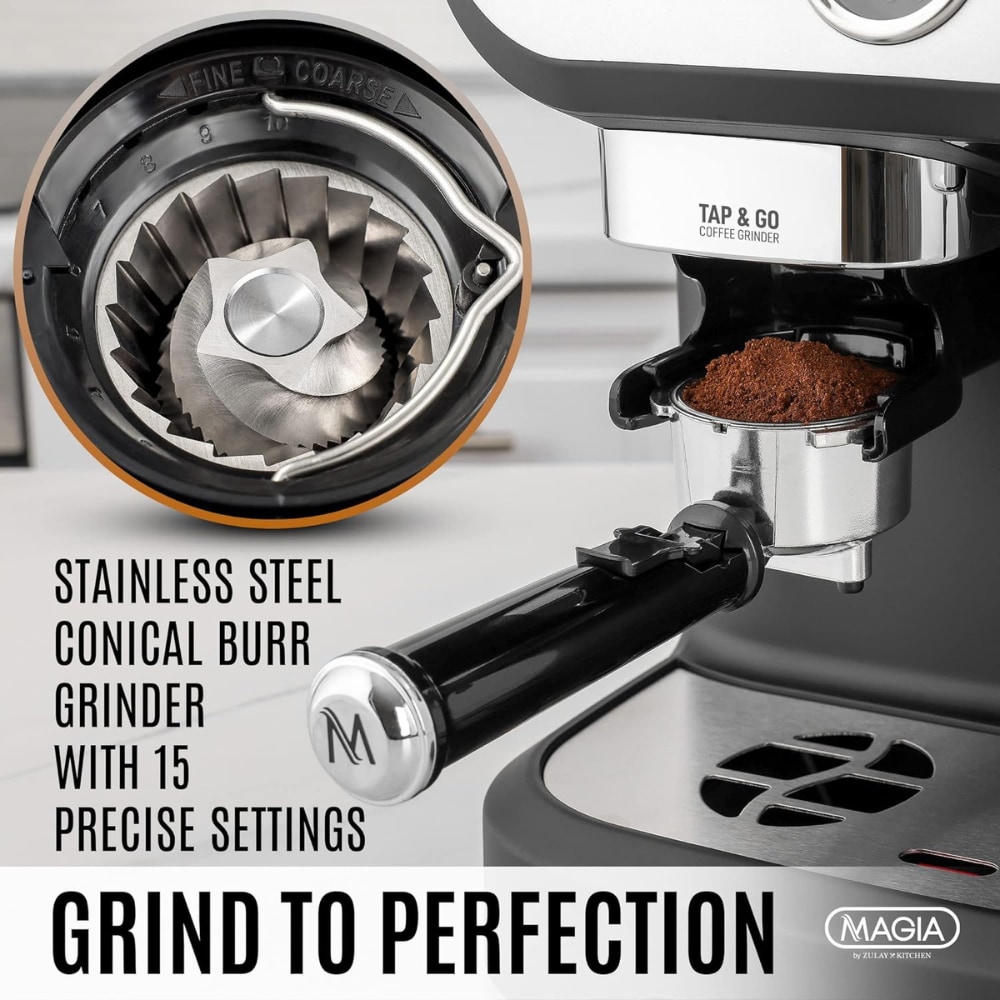 Máquina de Espresso de Acero Inoxidable con Bandeja Recogedora de Zulay Kitchen (Negro/Plata)