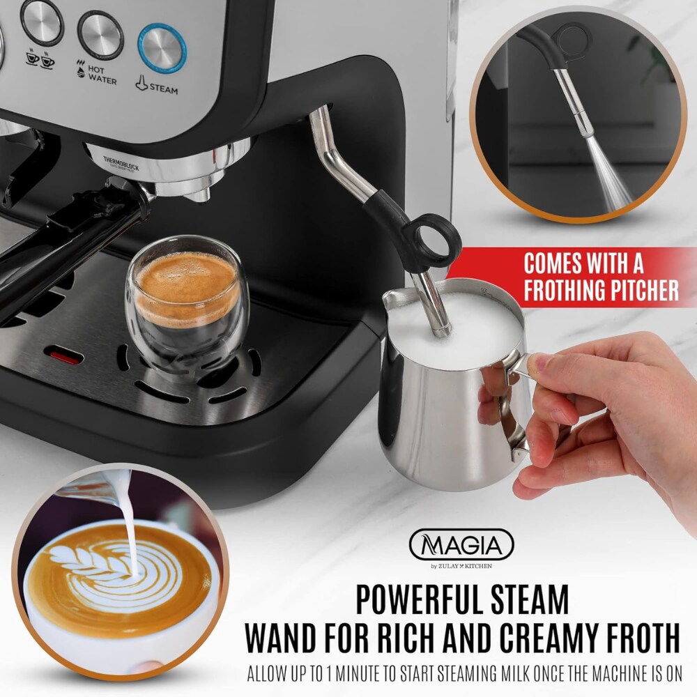 Máquina de Espresso de Acero Inoxidable con Bandeja Recogedora de Zulay Kitchen (Negro/Plata)