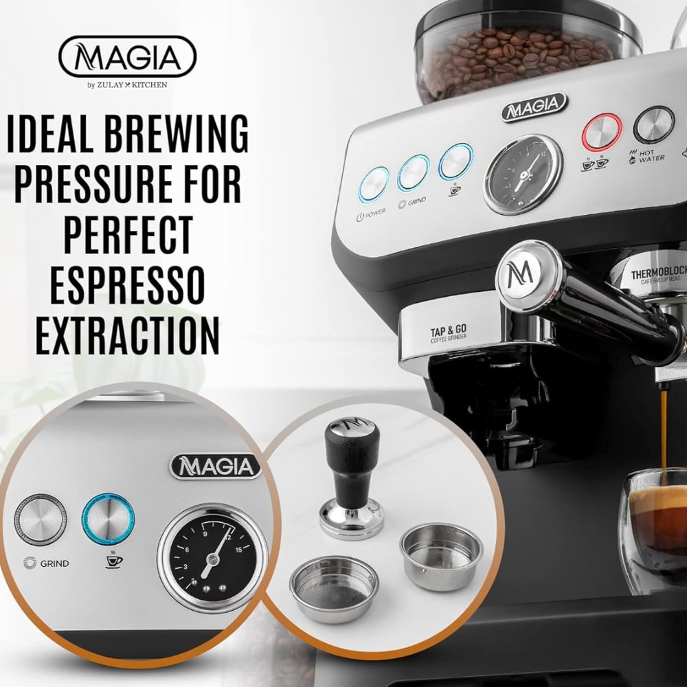 Máquina de Espresso de Acero Inoxidable con Bandeja Recogedora de Zulay Kitchen (Negro/Plata)