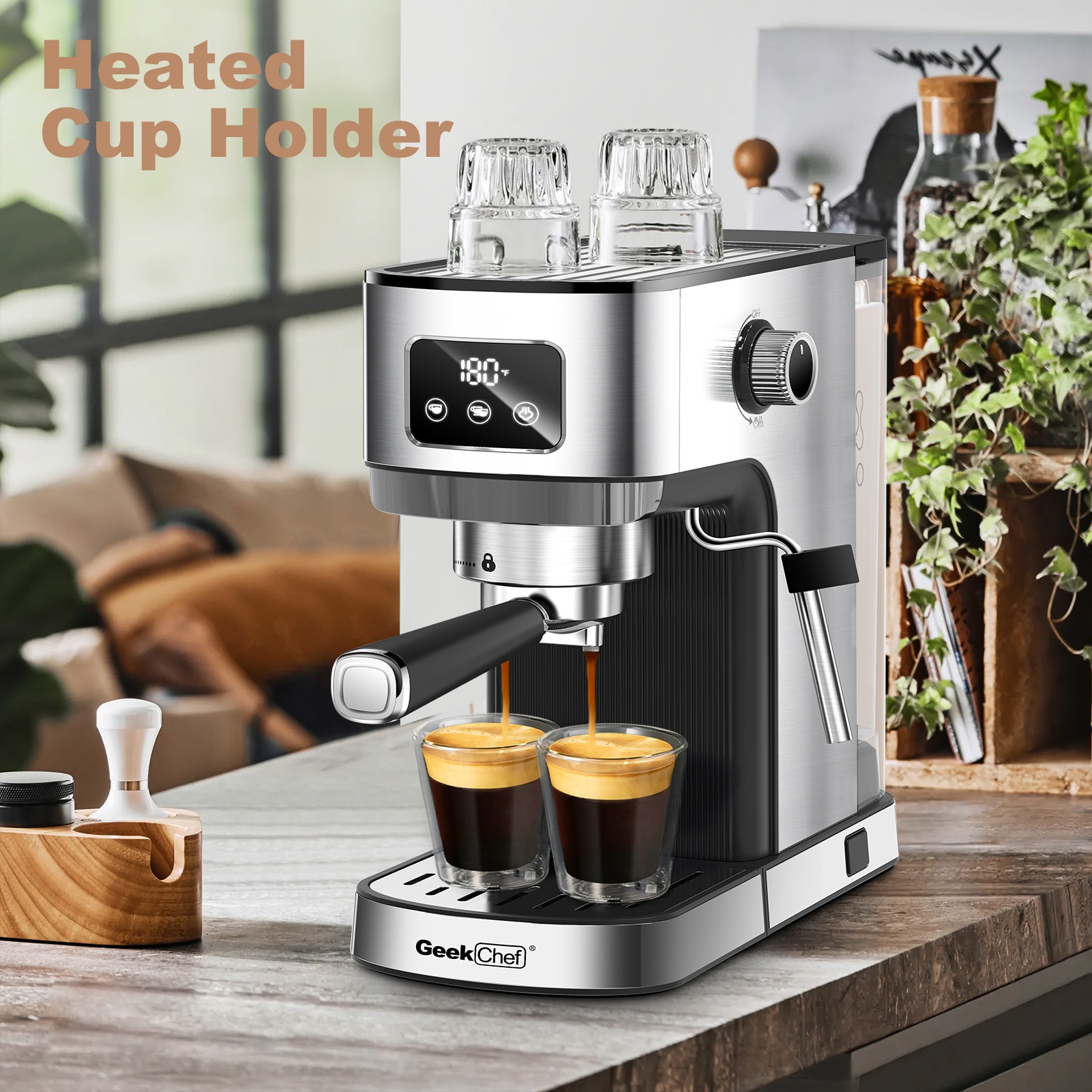 Máquina de café expreso semiautomática de acero inoxidable con bandeja de goteo (plateado)
