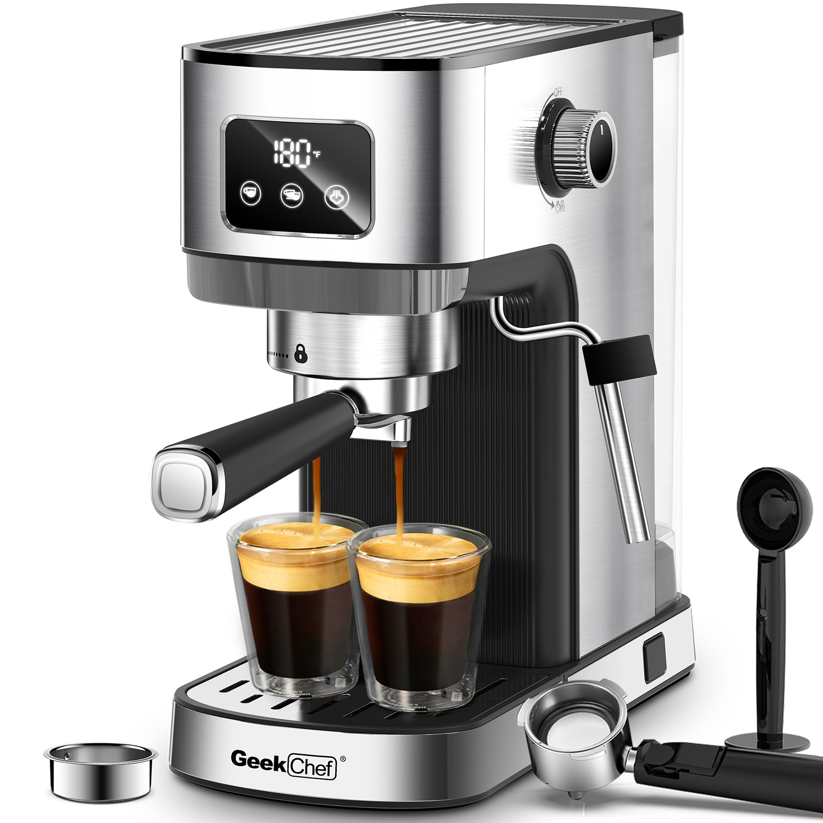 Máquina de café expreso semiautomática de acero inoxidable con bandeja de goteo (plateado)