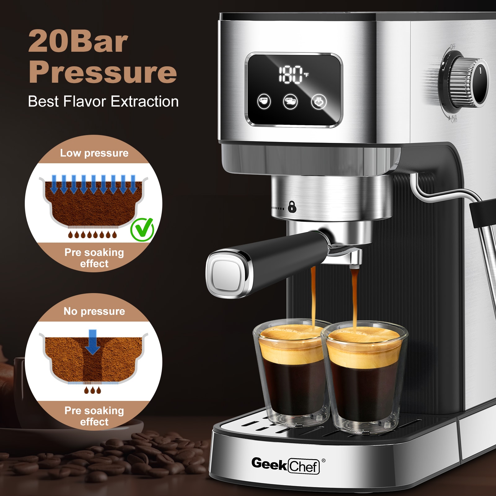 Máquina de café expreso semiautomática de acero inoxidable con bandeja de goteo (plateado)