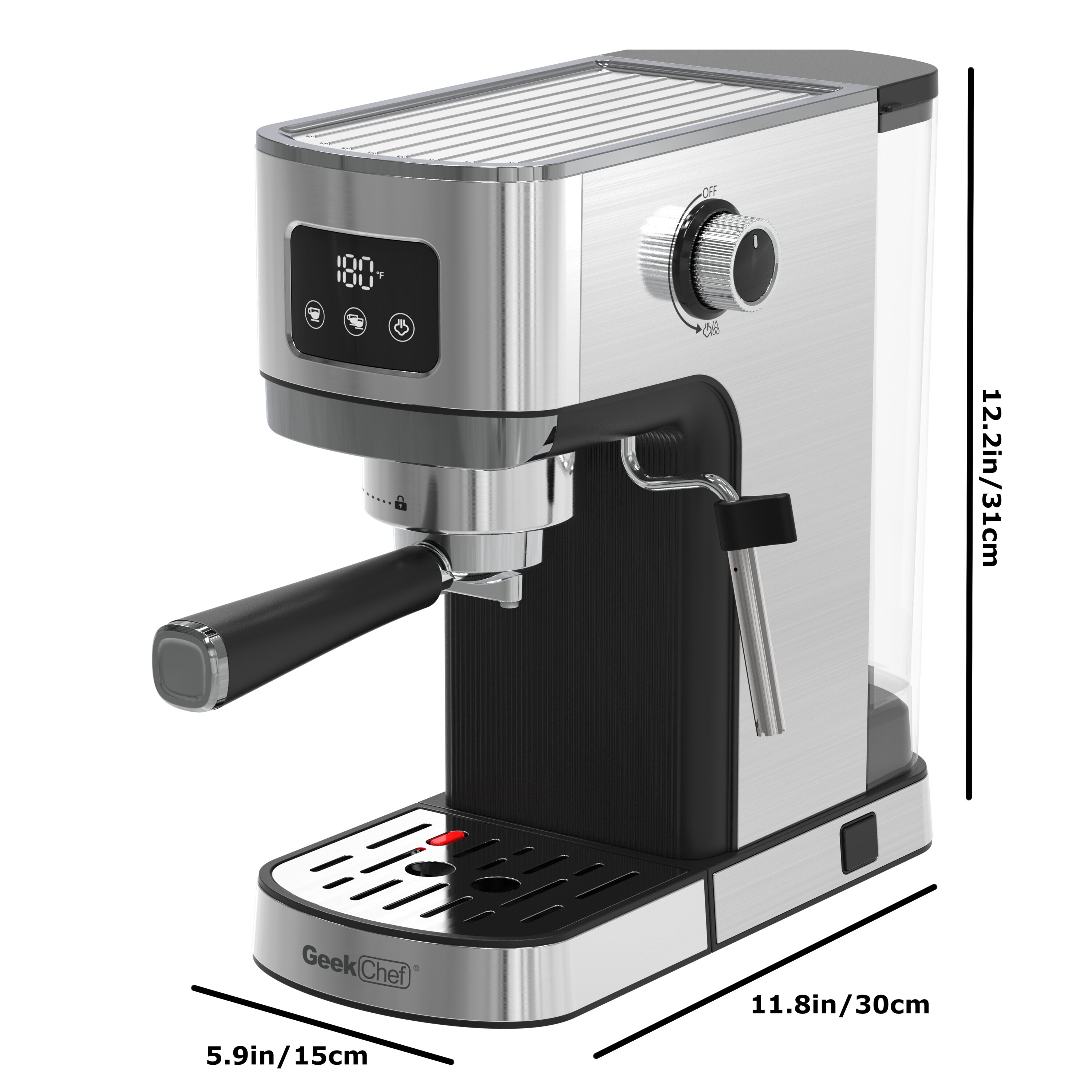 Máquina de café expreso semiautomática de acero inoxidable con bandeja de goteo (plateado)