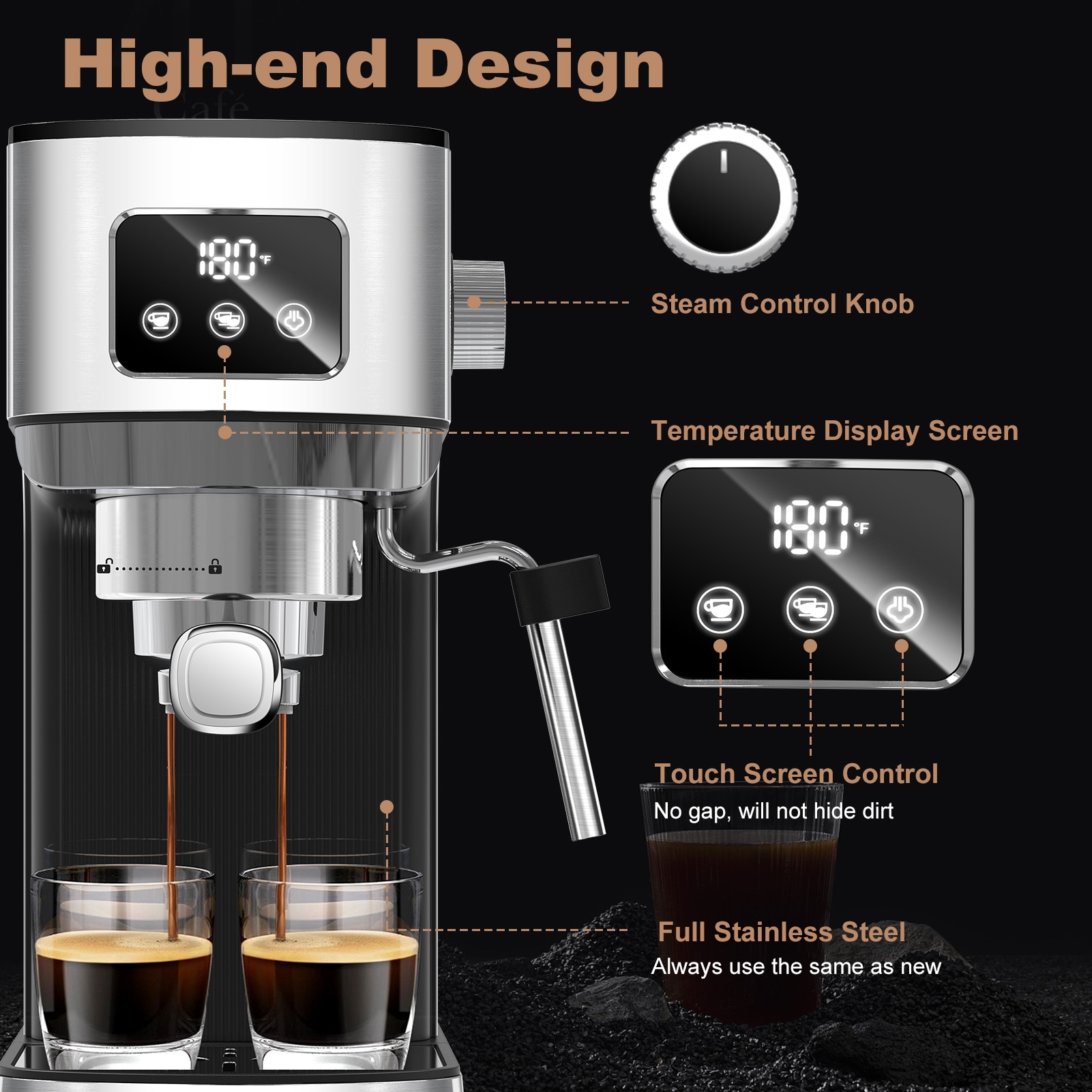Máquina de café expreso semiautomática de acero inoxidable con bandeja de goteo (plateado)
