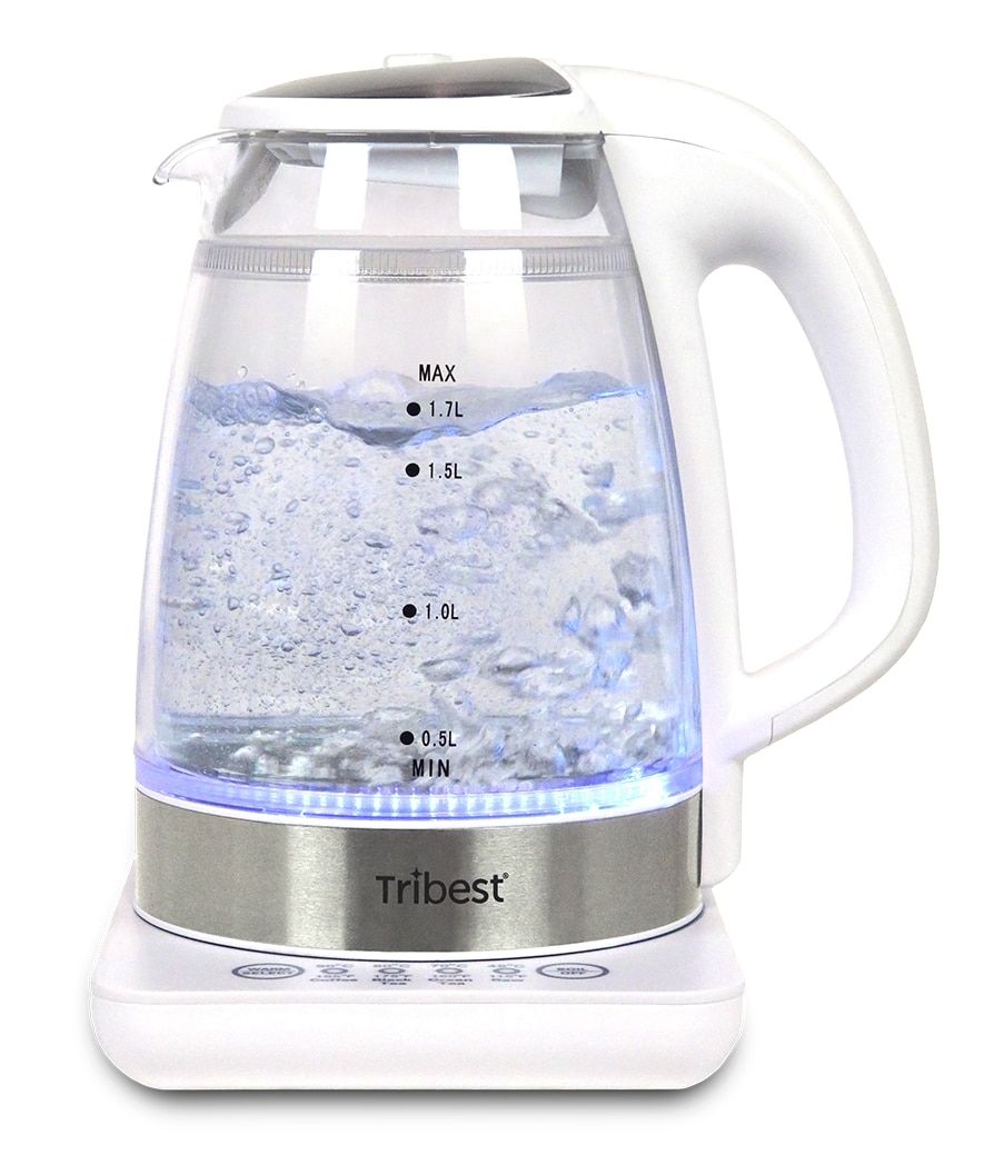 Hervidor de agua Tribest blanco y transparente de 7 tazas, programable de forma inalámbrica con tecnología digital.