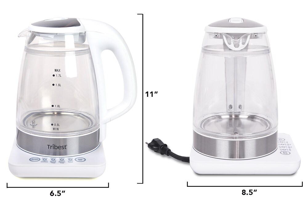 Hervidor de agua Tribest blanco y transparente de 7 tazas, programable de forma inalámbrica con tecnología digital.