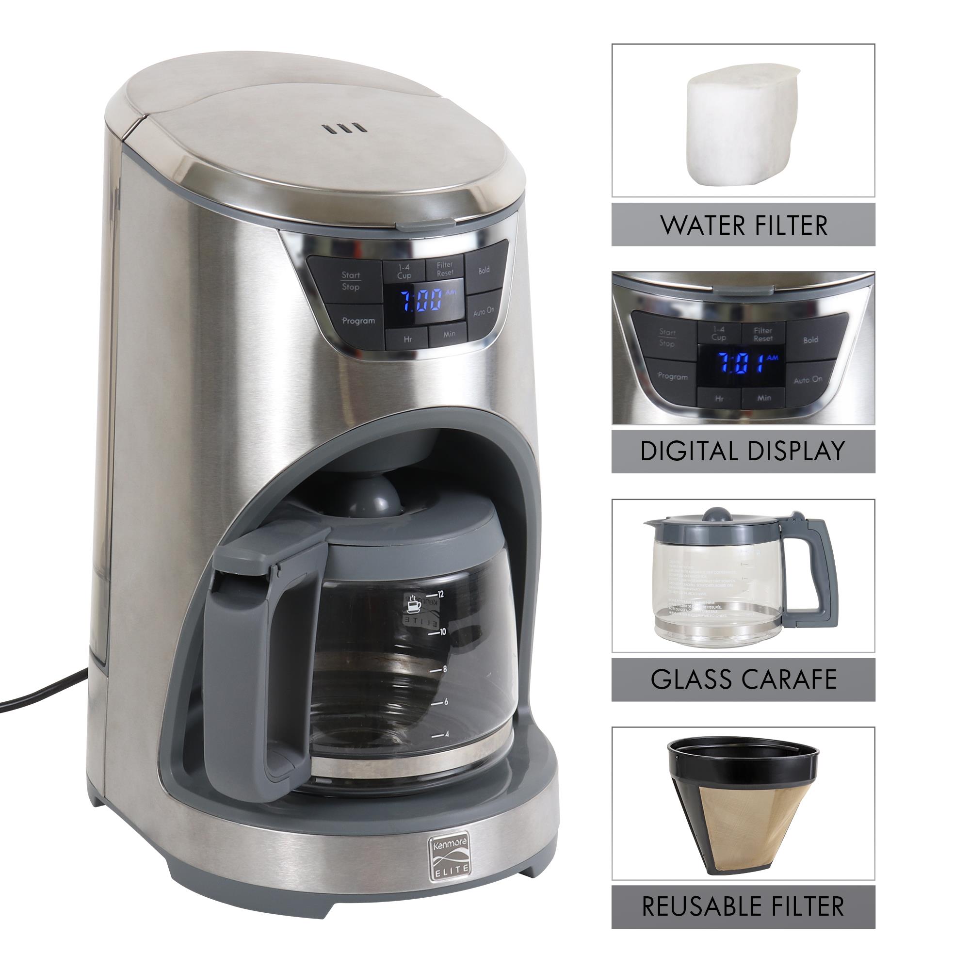 Cafetera de goteo programable Kenmore Elite con Control de Aroma, Preparación Intensa de 12 tazas para uso comercial o residencial con Apagado Automático (Acero Inoxidable) KKECM12SS
