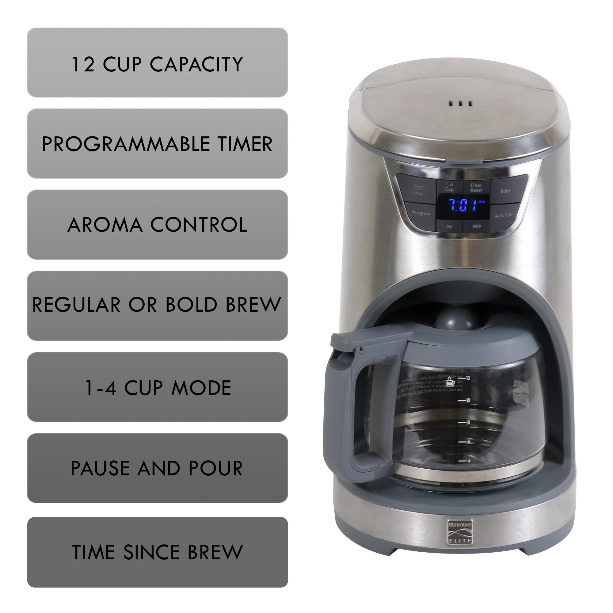 Cafetera de goteo programable Kenmore Elite con Control de Aroma, Preparación Intensa de 12 tazas para uso comercial o residencial con Apagado Automático (Acero Inoxidable) KKECM12SS