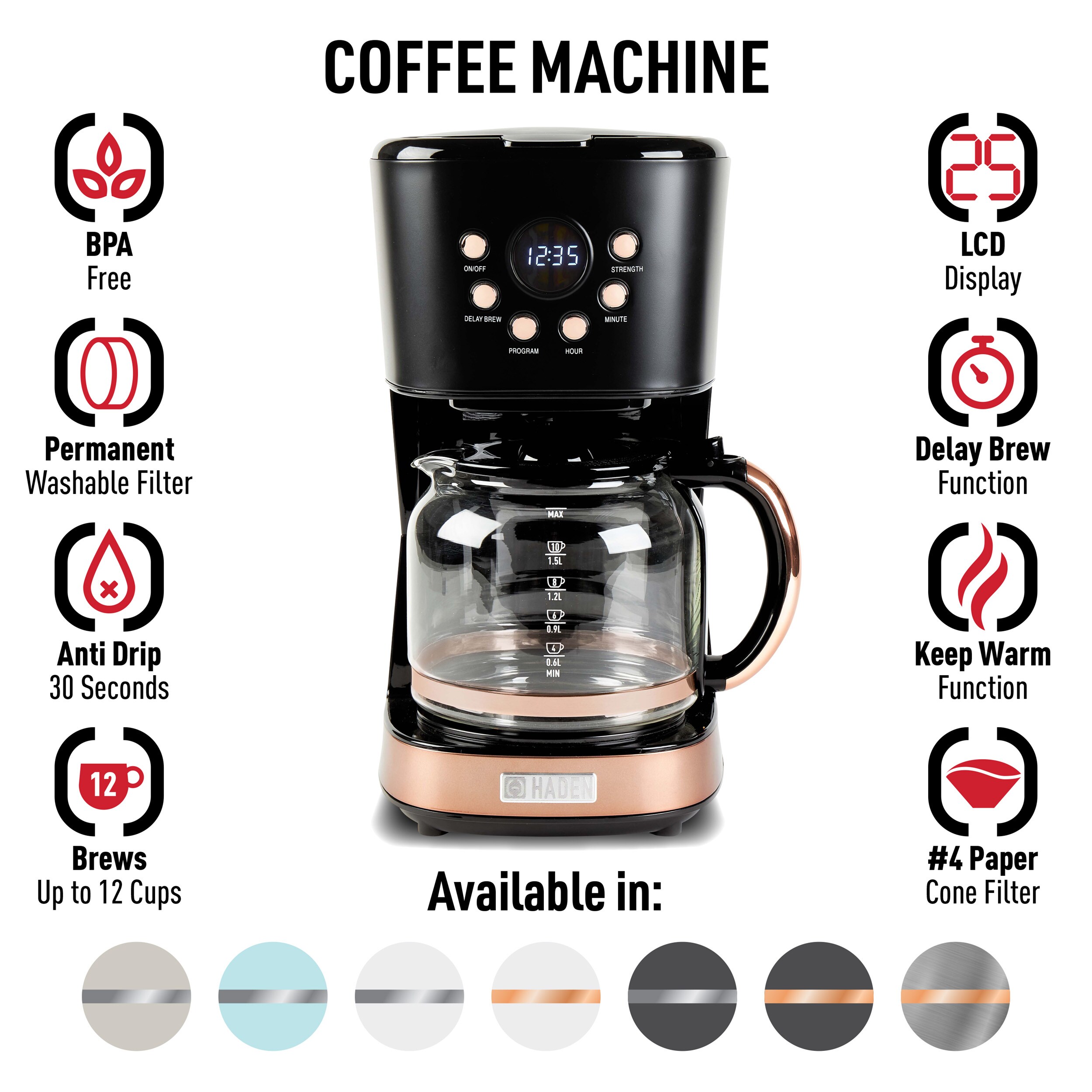 Cafetera de goteo residencial programable de 12 tazas con apagado automático (negro/cobre)