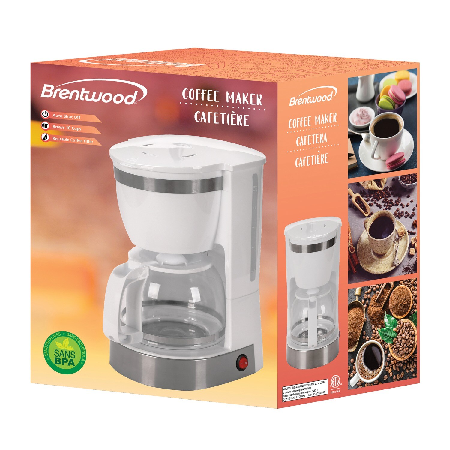 Cafetera goteo residencial de 12 tazas con apagado automático (Blanco) TS-215W de Brentwood Appliances
