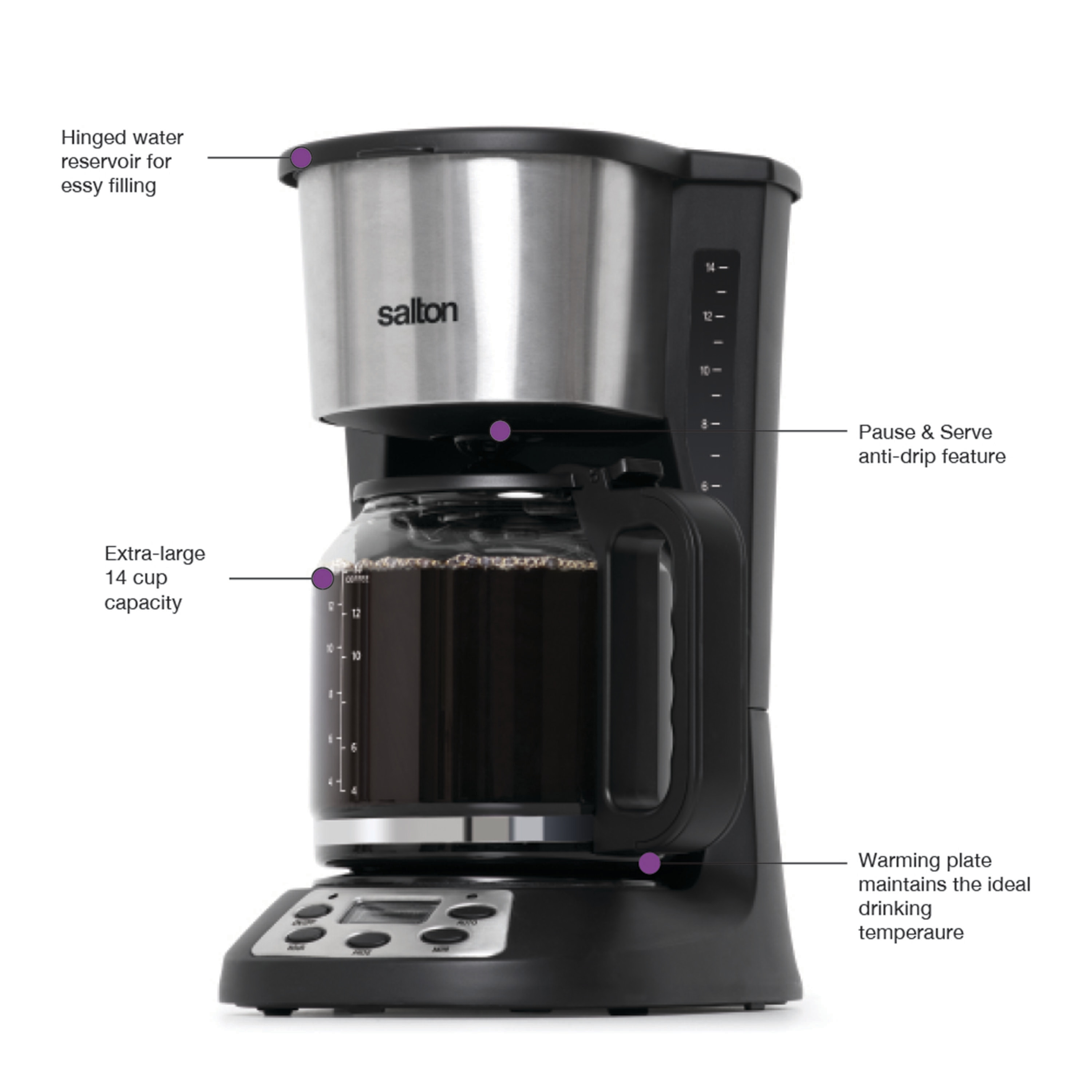 Cafetera programable residencial de 14 tazas Salton con apagado automático (negra) FC1667