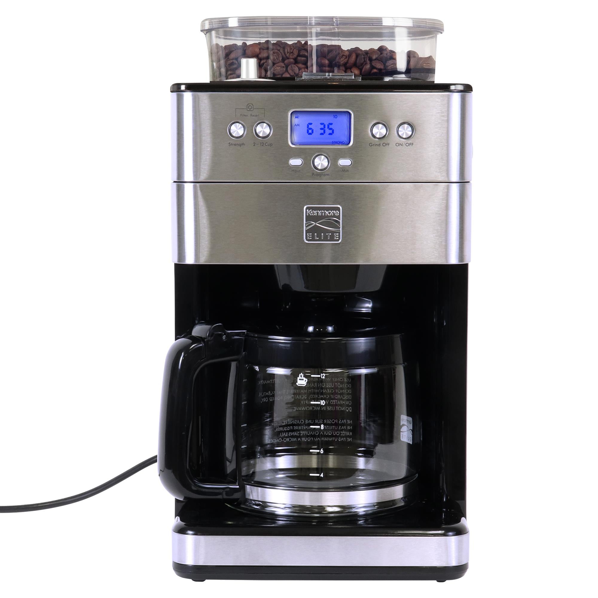 Cafetera Kenmore Elite Grind Brew Programable de 12 tazas para uso comercial/residencial con apagado automático (Acero inoxidable y negro) KKECMGBSS