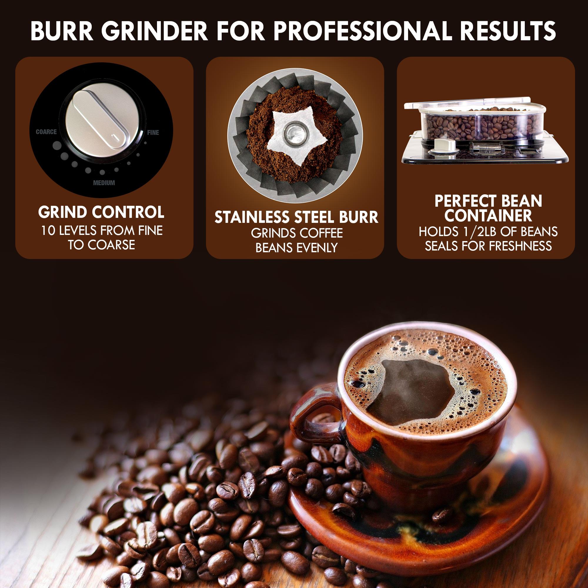 Cafetera Kenmore Elite Grind Brew Programable de 12 tazas para uso comercial/residencial con apagado automático (Acero inoxidable y negro) KKECMGBSS