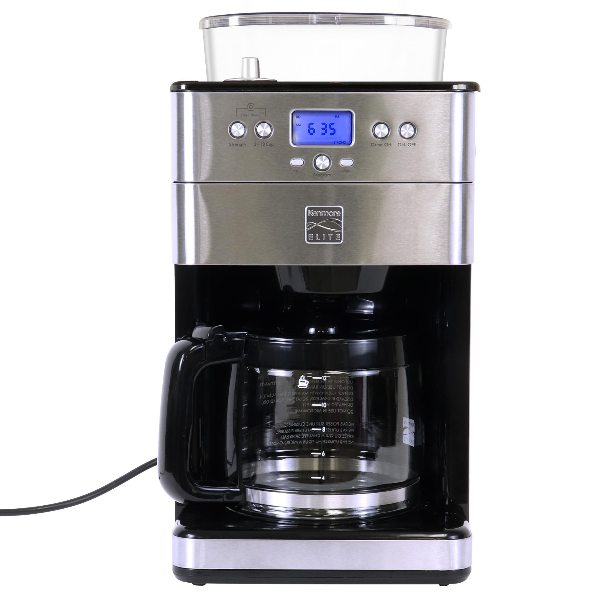 Cafetera Kenmore Elite Grind Brew Programable de 12 tazas para uso comercial/residencial con apagado automático (Acero inoxidable y negro) KKECMGBSS