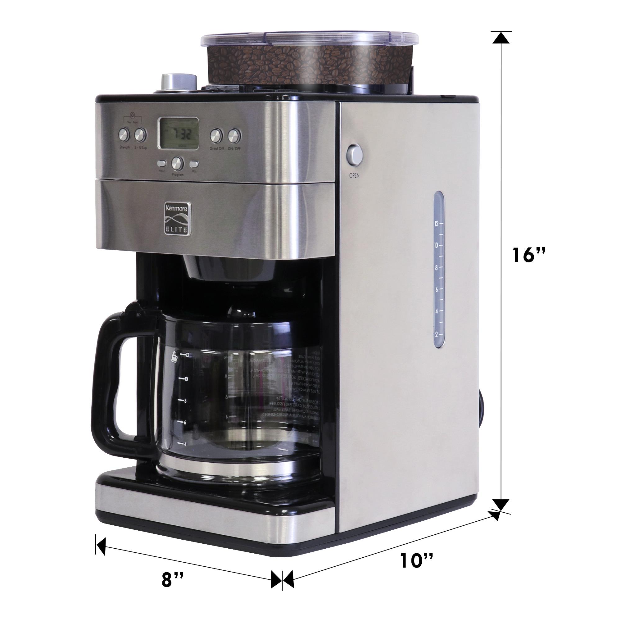 Cafetera Kenmore Elite Grind Brew Programable de 12 tazas para uso comercial/residencial con apagado automático (Acero inoxidable y negro) KKECMGBSS