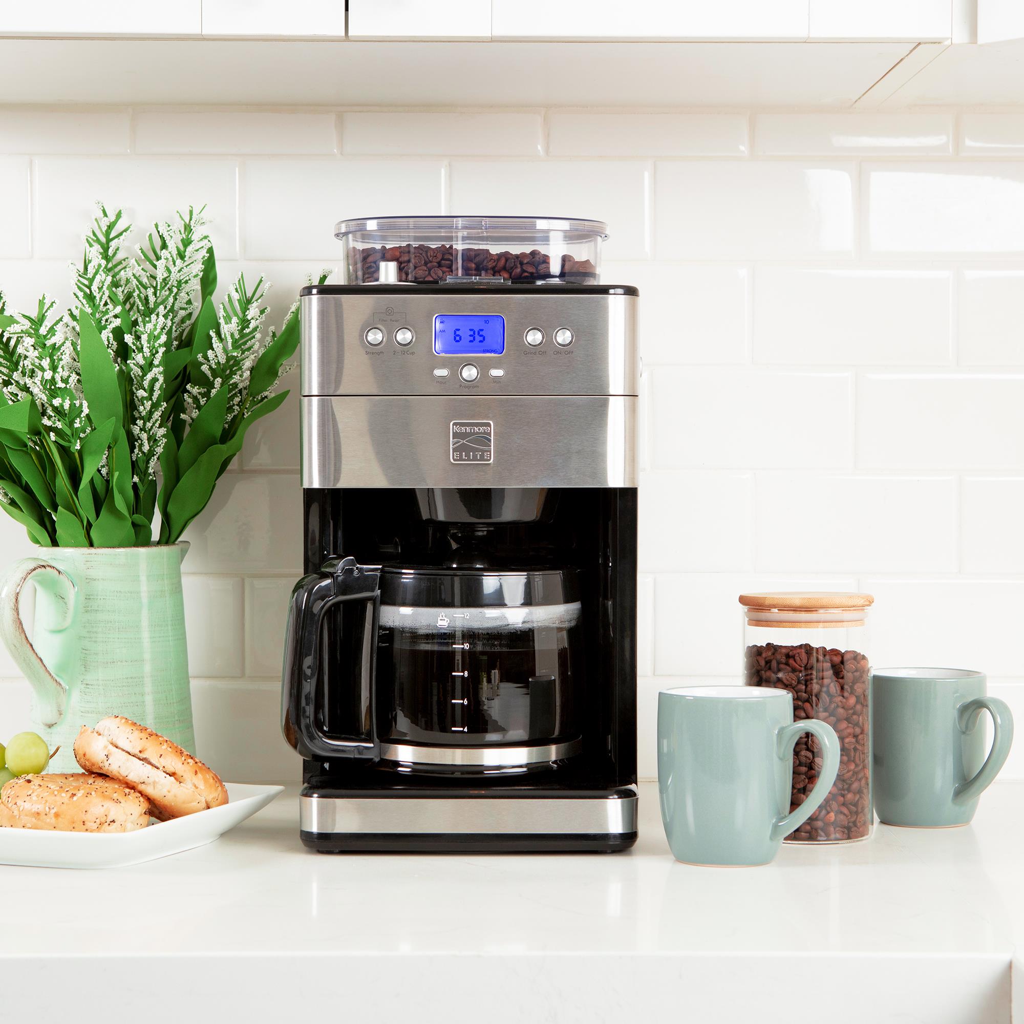 Cafetera Kenmore Elite Grind Brew Programable de 12 tazas para uso comercial/residencial con apagado automático (Acero inoxidable y negro) KKECMGBSS