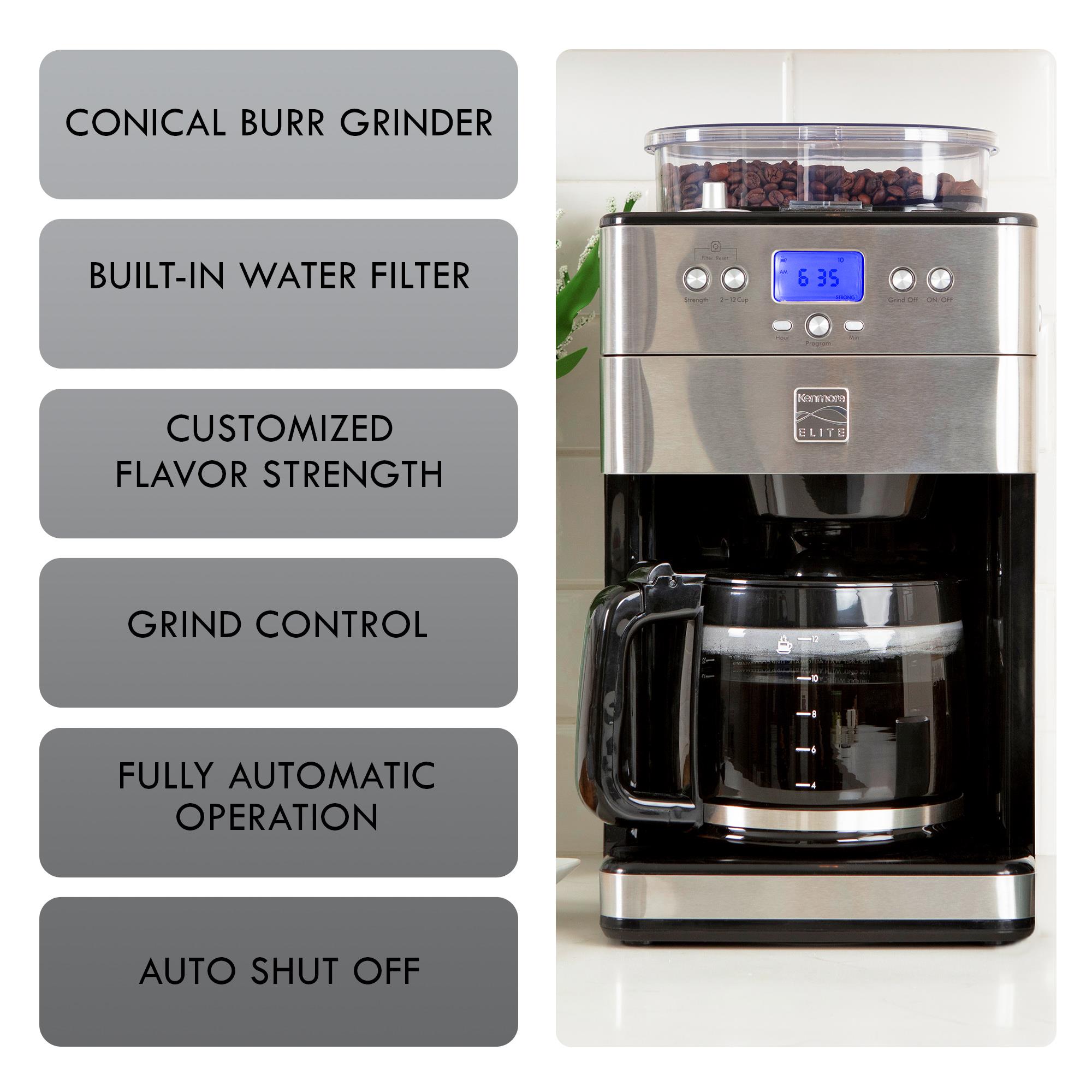 Cafetera Kenmore Elite Grind Brew Programable de 12 tazas para uso comercial/residencial con apagado automático (Acero inoxidable y negro) KKECMGBSS