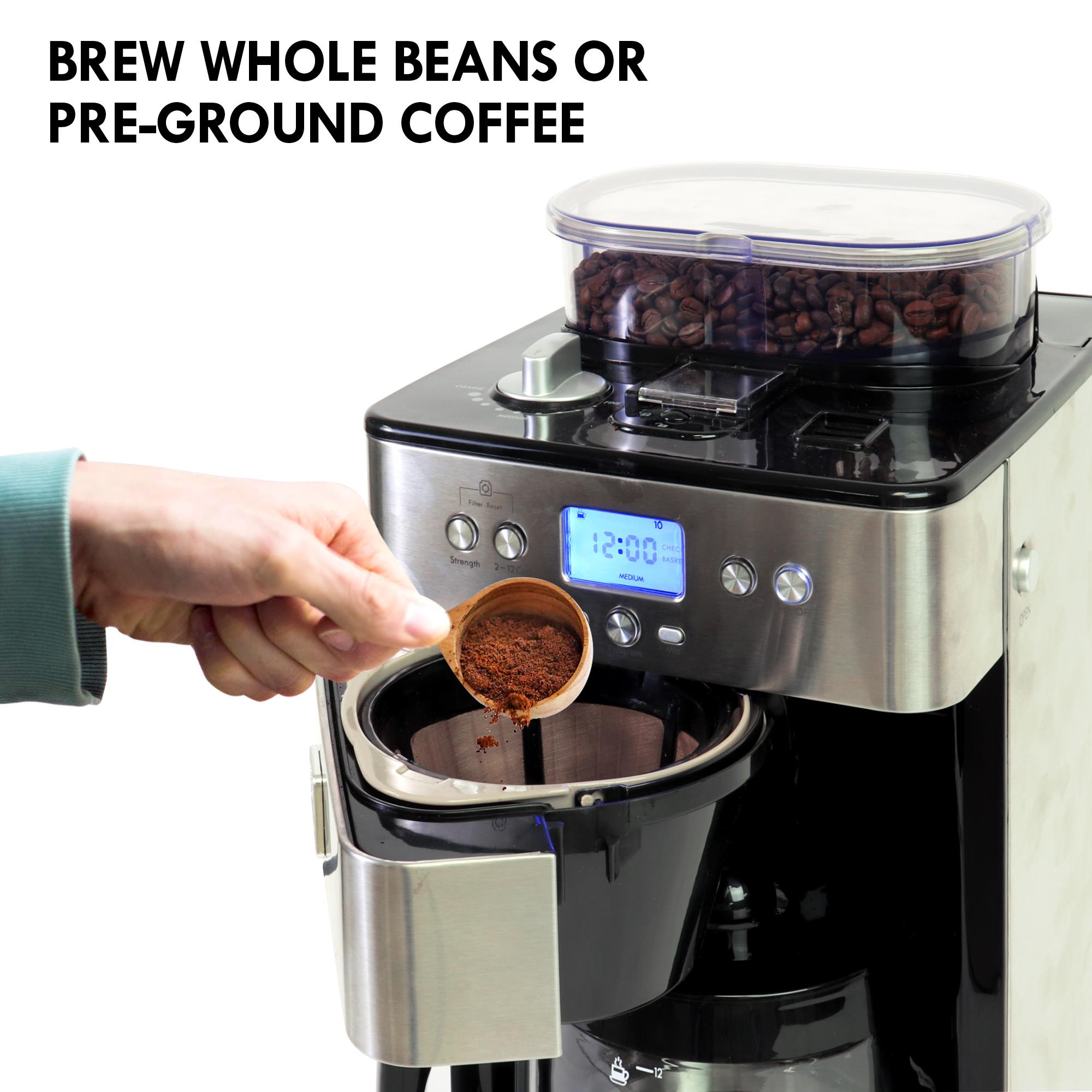 Cafetera Kenmore Elite Grind Brew Programable de 12 tazas para uso comercial/residencial con apagado automático (Acero inoxidable y negro) KKECMGBSS