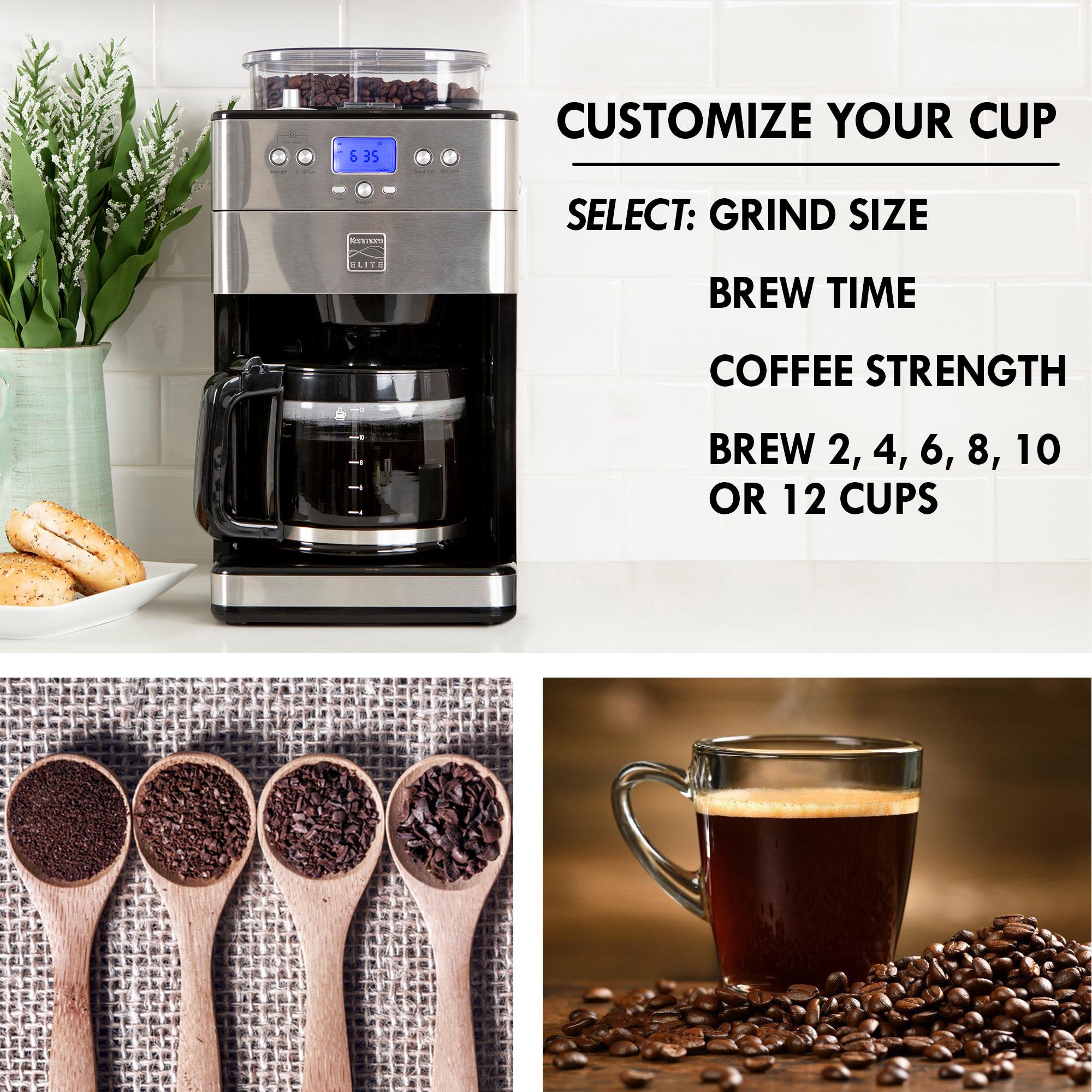 Cafetera Kenmore Elite Grind Brew Programable de 12 tazas para uso comercial/residencial con apagado automático (Acero inoxidable y negro) KKECMGBSS