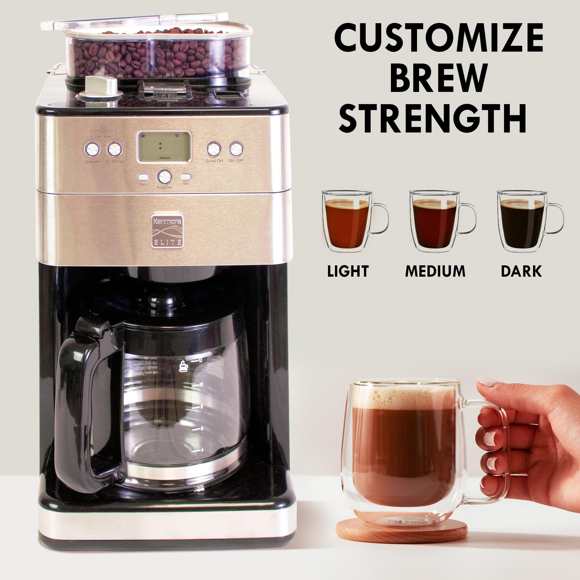 Cafetera Kenmore Elite Grind Brew Programable de 12 tazas para uso comercial/residencial con apagado automático (Acero inoxidable y negro) KKECMGBSS