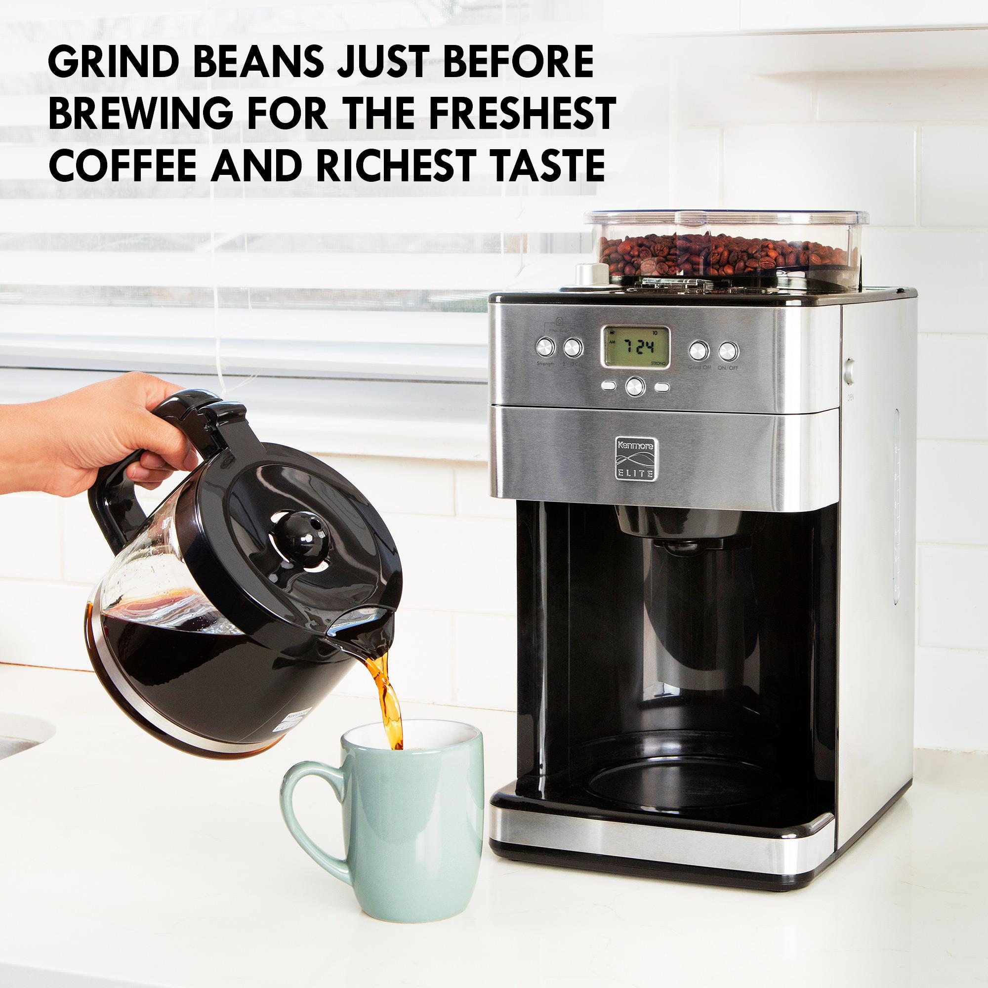 Cafetera Kenmore Elite Grind Brew Programable de 12 tazas para uso comercial/residencial con apagado automático (Acero inoxidable y negro) KKECMGBSS