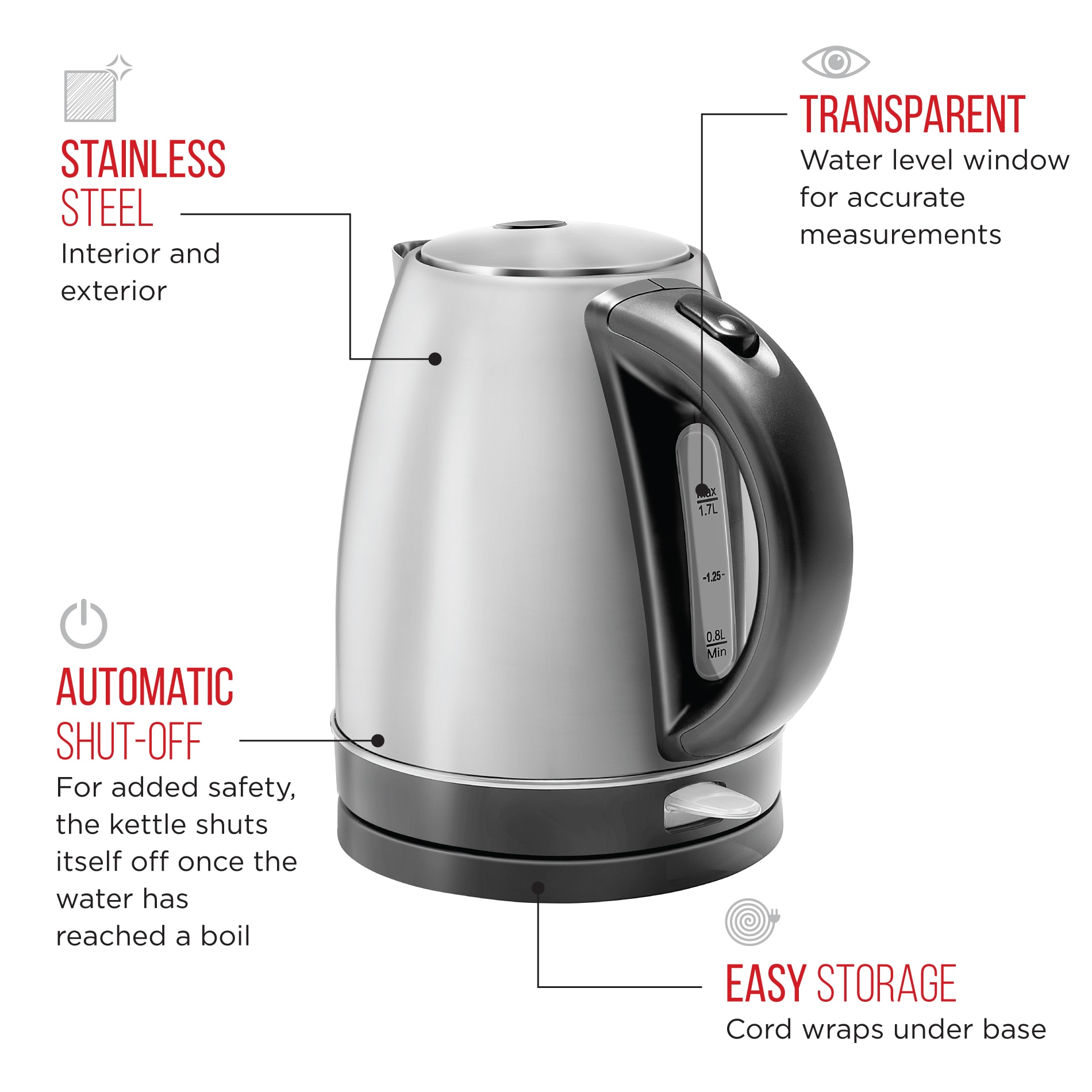 Hervidor eléctrico de acero inoxidable de 7 tazas con apagado automático Chefman RJ11-17-V3