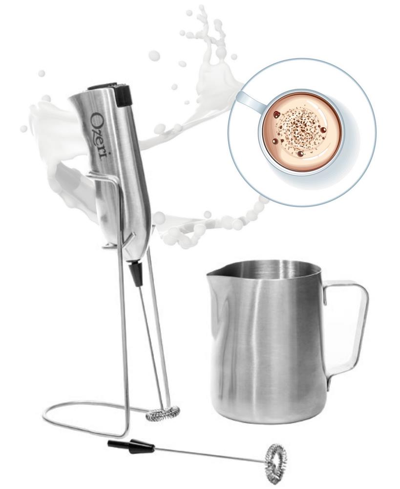 Jarra de acero inoxidable de 12 oz de Ozeri con batidor adjunto para espumar la leche OZMF2