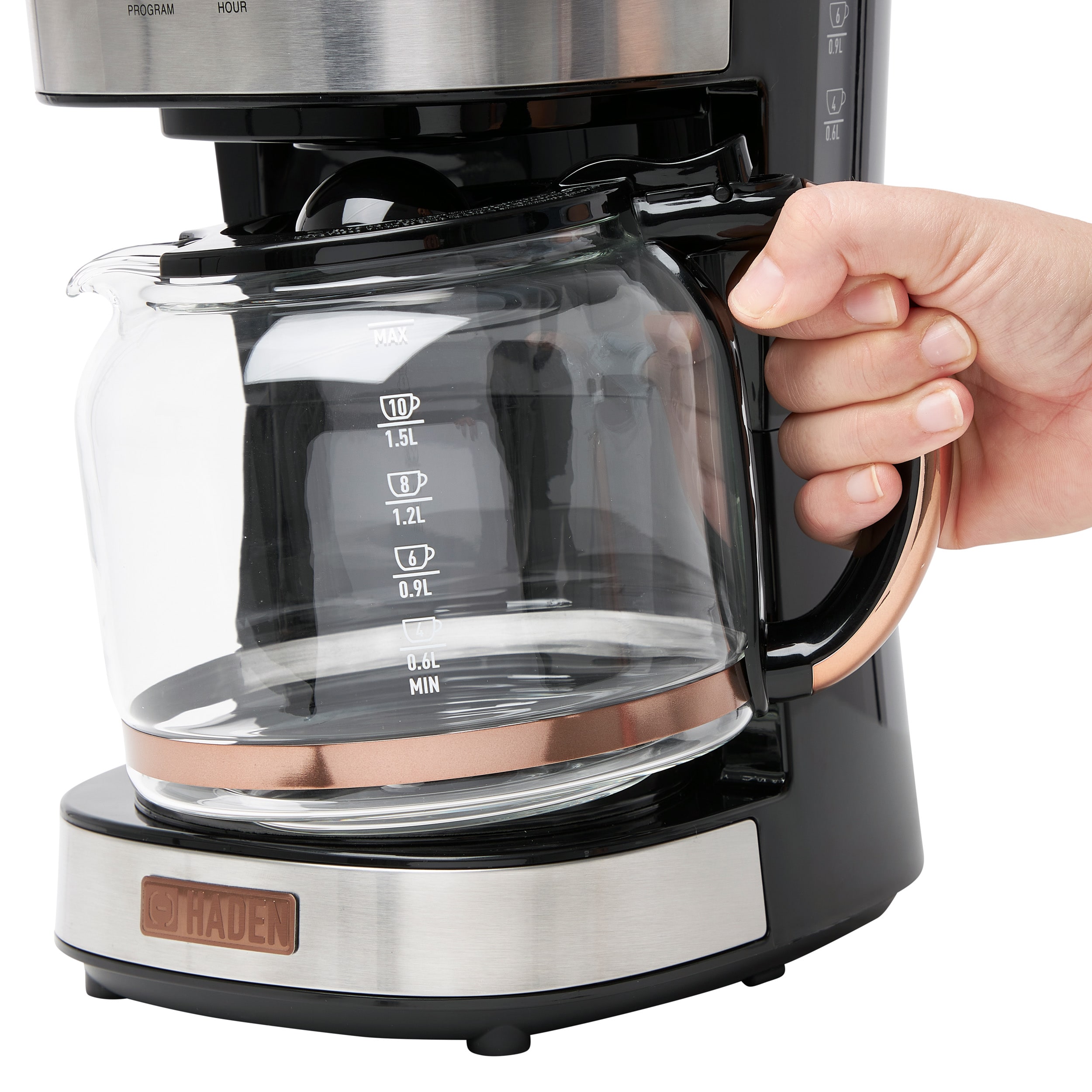 Cafetera de goteo programable para el hogar de 12 tazas marca Haden con apagado automático (acero inoxidable / cobre) 75106