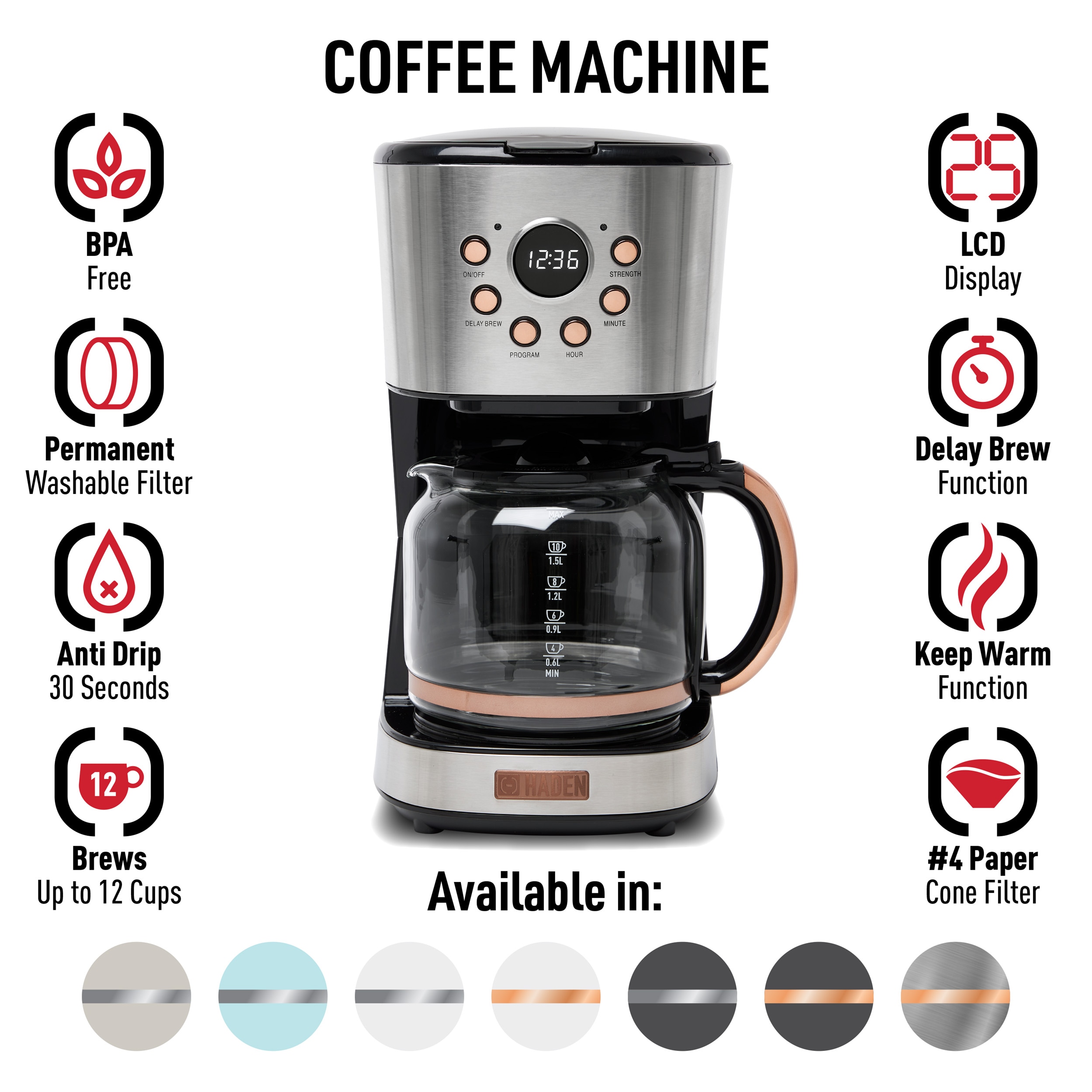 Cafetera de goteo programable para el hogar de 12 tazas marca Haden con apagado automático (acero inoxidable / cobre) 75106