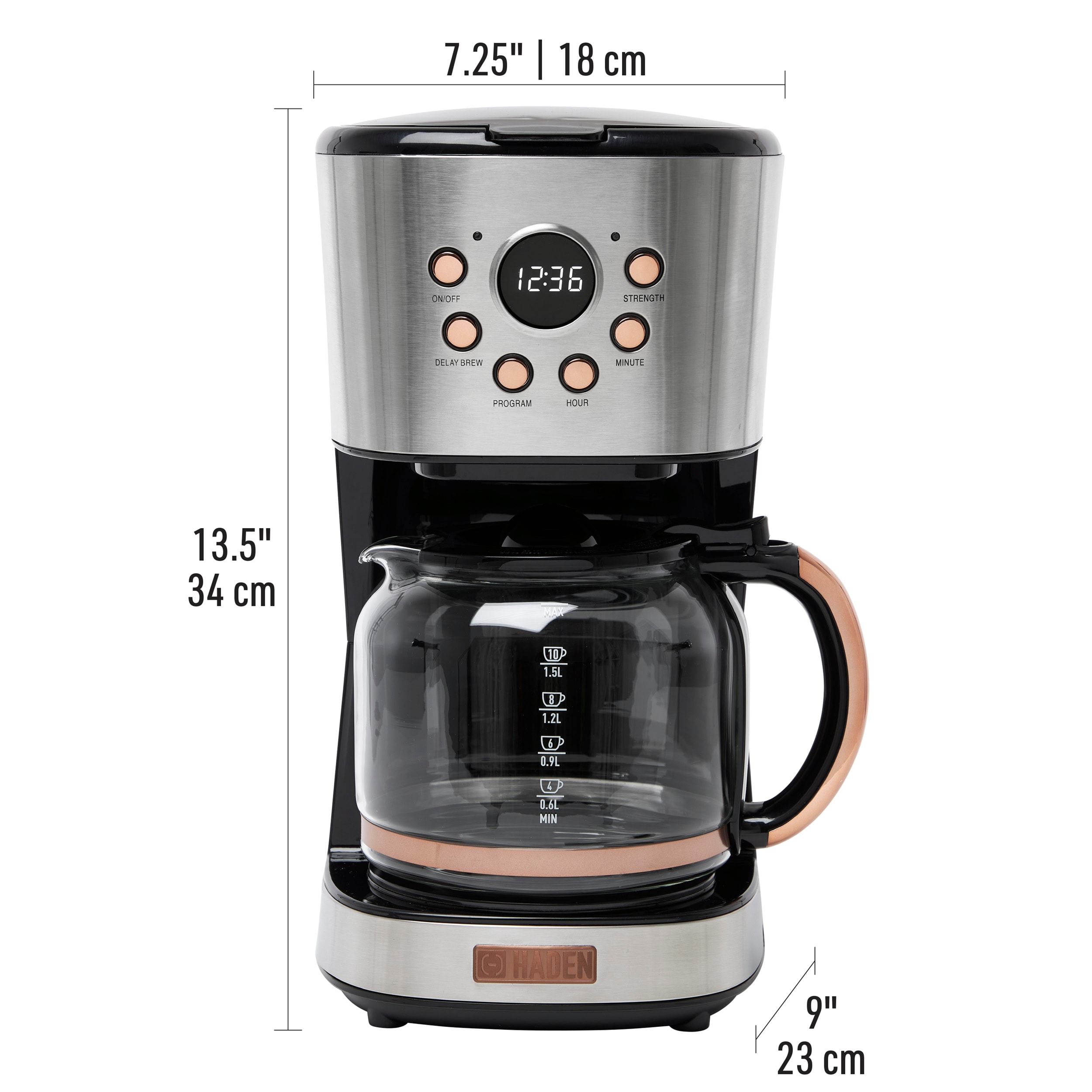Cafetera de goteo programable para el hogar de 12 tazas marca Haden con apagado automático (acero inoxidable / cobre) 75106