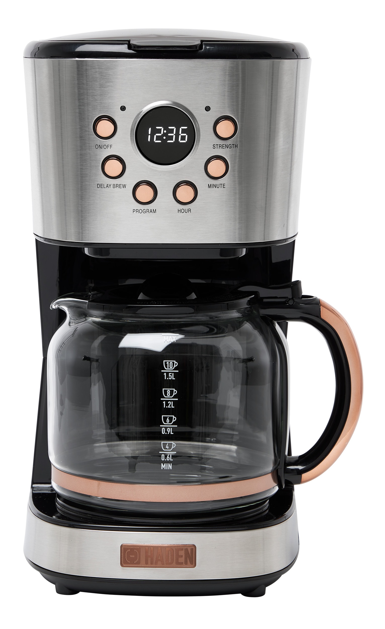 Cafetera de goteo programable para el hogar de 12 tazas marca Haden con apagado automático (acero inoxidable / cobre) 75106