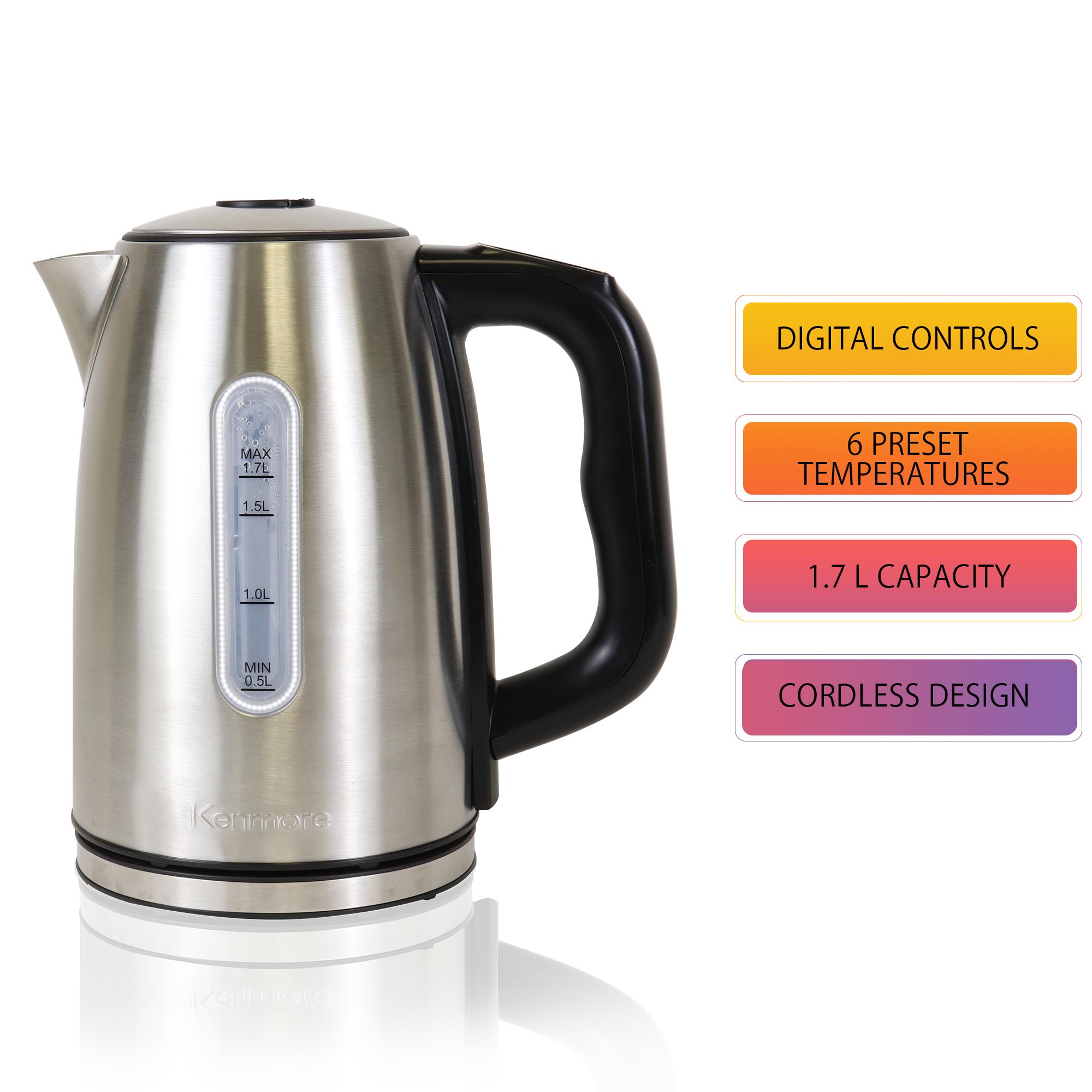 Hervidor eléctrico digital programable inalámbrico de acero inoxidable de 1.7 litros con apagado automático - Kenmore