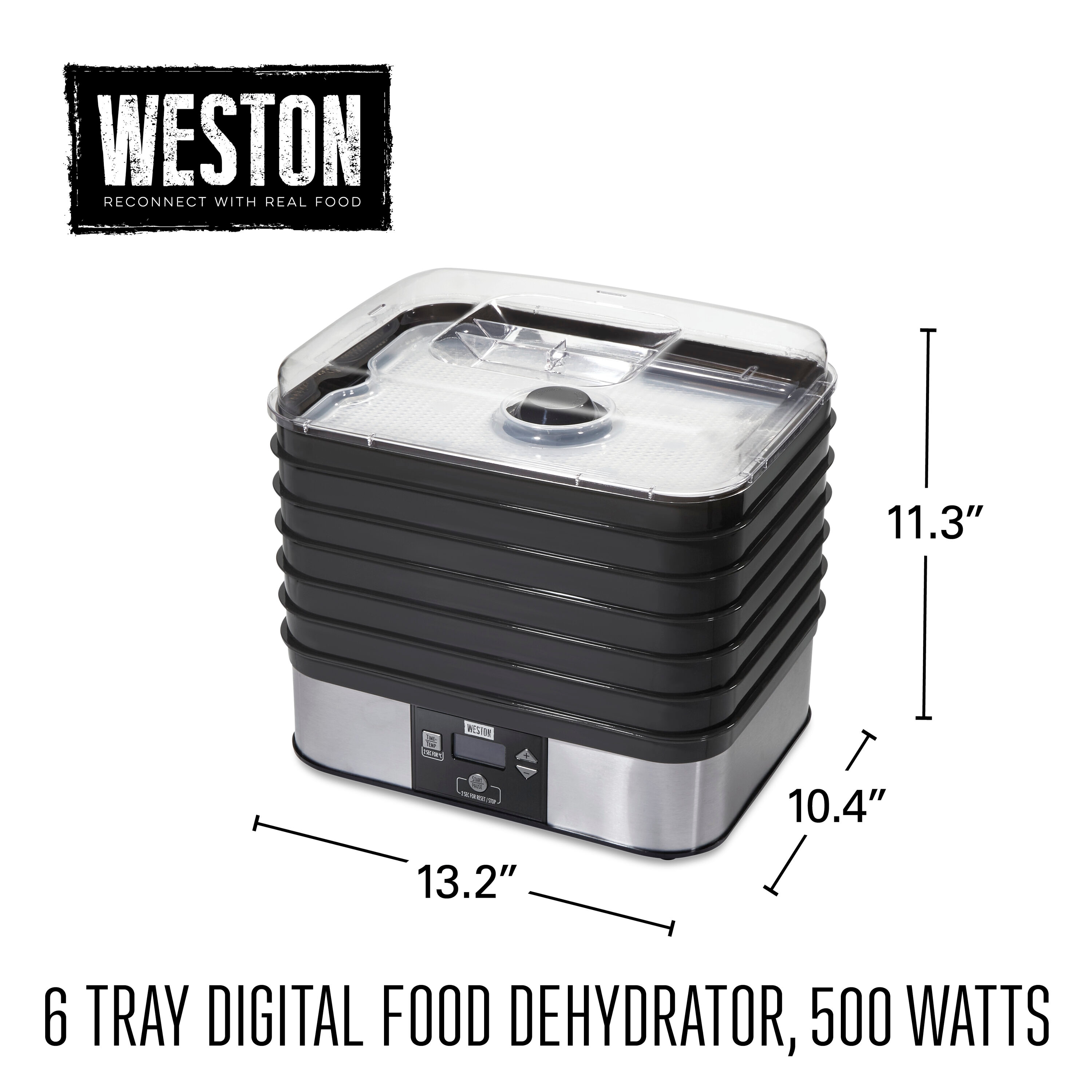 Desidratador de alimentos negro de 6 bandejas marca Weston Brands con piezas seguras para lavavajillas (500 vatios) 75-0401-W.