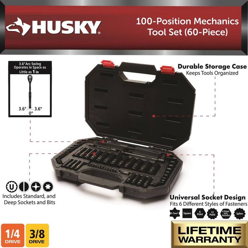 Juego de herramientas para mecánicos Husky de 3/8 pulg. de unidad universal de 100 posiciones SAE y métricas (60 piezas) - H10060MTSRM
