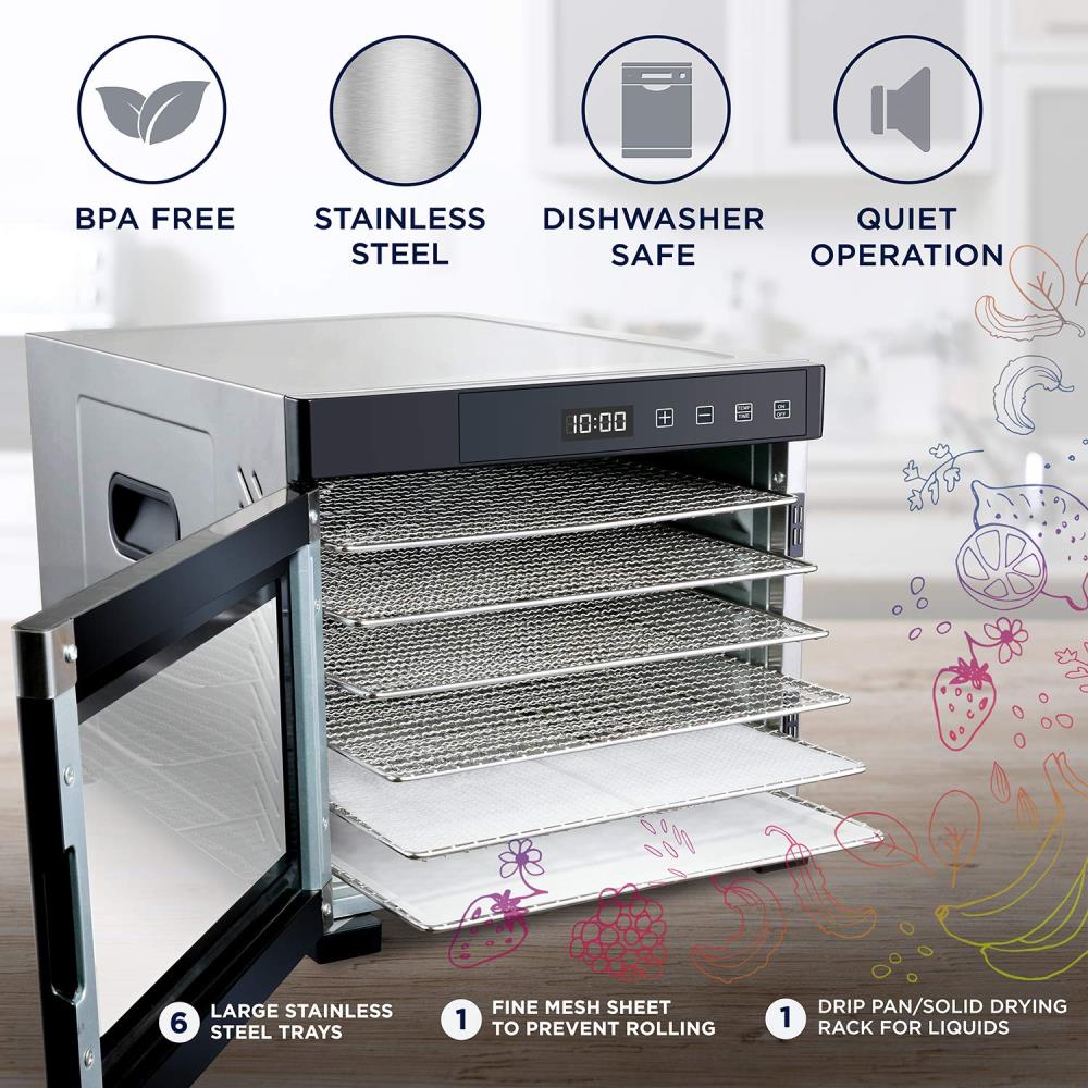 Desidratador de alimentos de acero inoxidable de 6 bandejas de Ivation con piezas aptas para lavavajillas (600 vatios) IVFD60SRSS