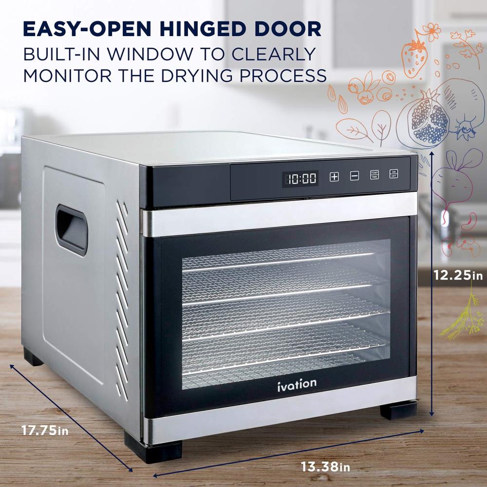 Desidratador de alimentos de acero inoxidable de 6 bandejas de Ivation con piezas aptas para lavavajillas (600 vatios) IVFD60SRSS