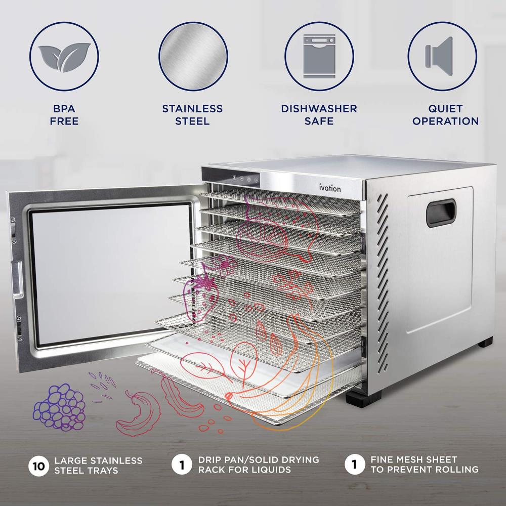 Desidratador de alimentos de acero inoxidable de 10 bandejas Ivation con piezas seguras para lavavajillas (1000 vatios) IVFD100RSS