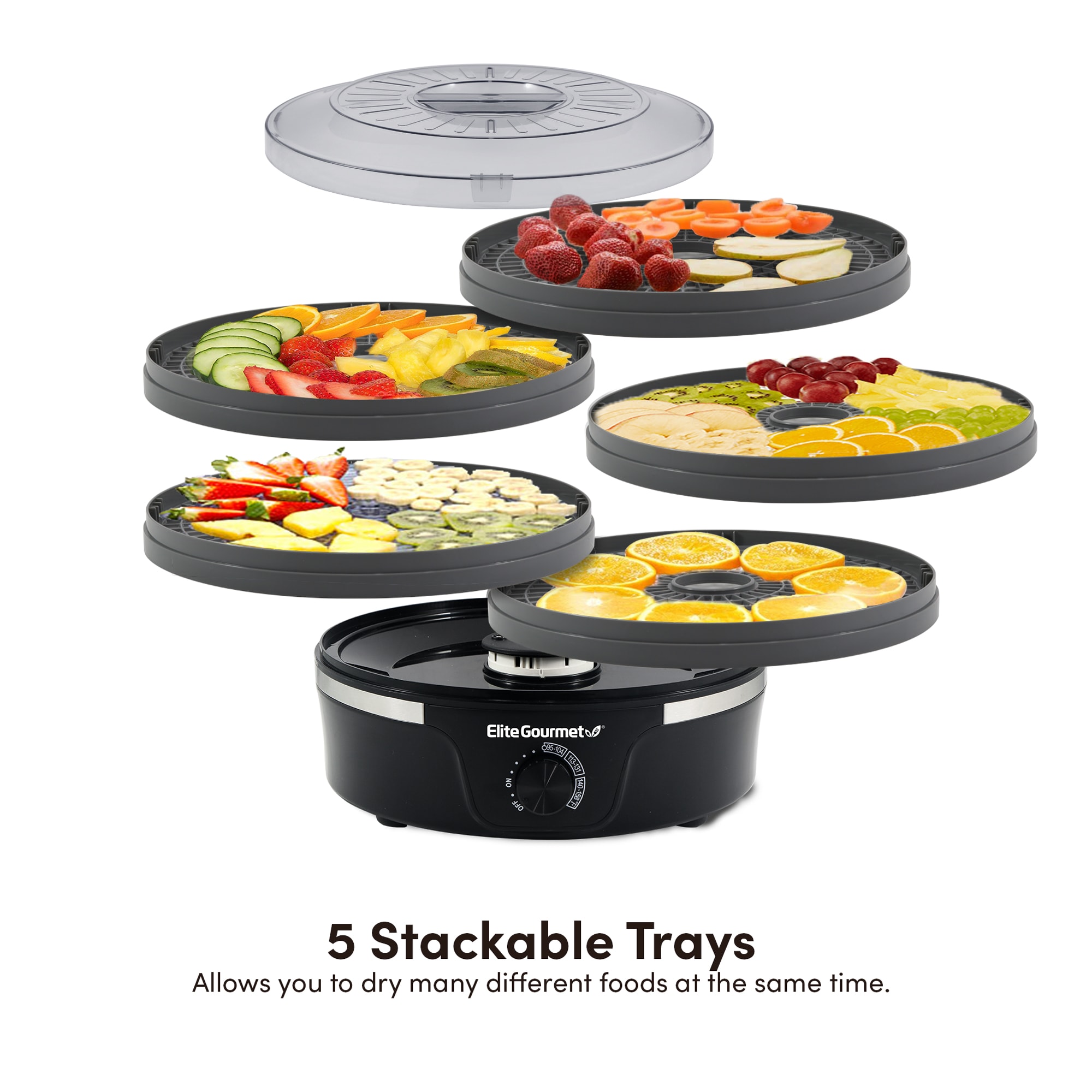 Desidratador de alimentos de 5 bandejas en negro con piezas aptas para lavavajillas (350 watts) Elite EFD319DKG