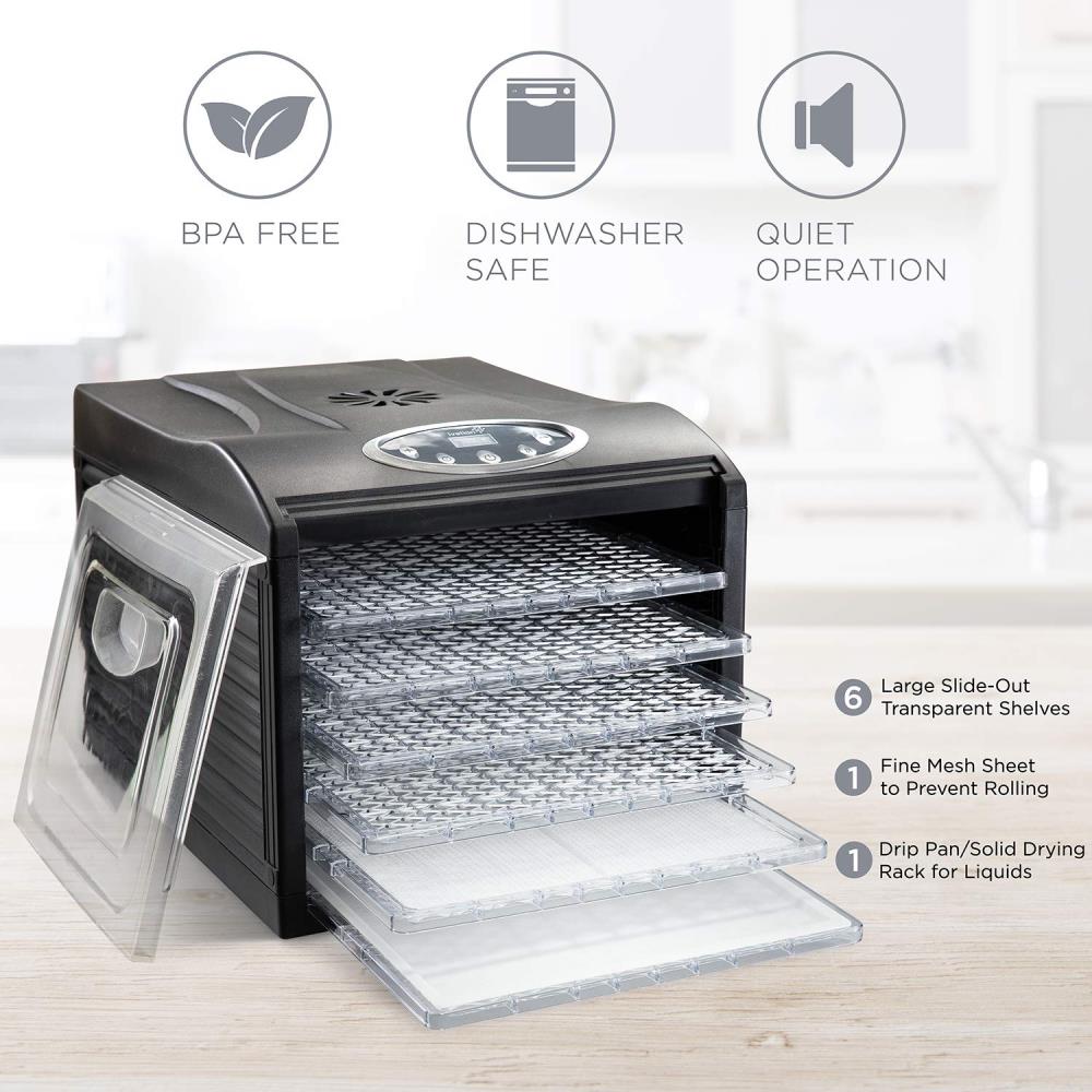 Desecador de alimentos Ivation de 6 charolas en color negro con piezas aptas para lavavajillas (480 vatios) IVFD60RB