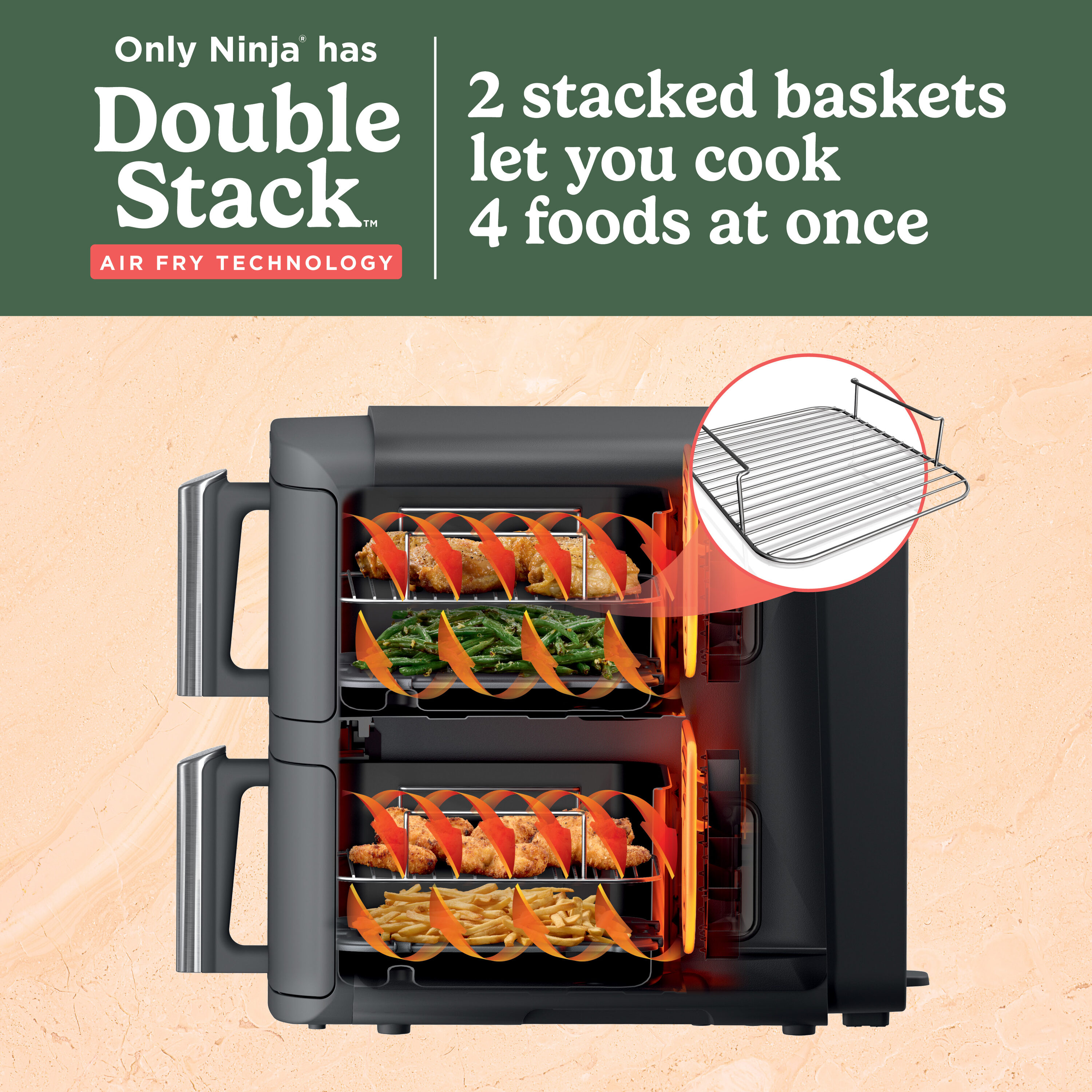 Freidora de Aire Ninja DoubleStack XL con 2 Canastas para Cocinar 4 Platillos Ahorrando Espacio de 10 Cuartos en Negro con Control Táctil - Modelo SL401